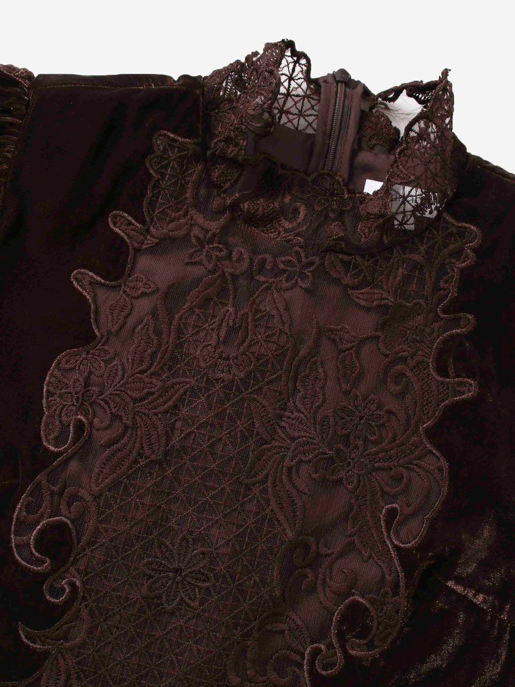 Lace Inlay Velvet Dress-Brown