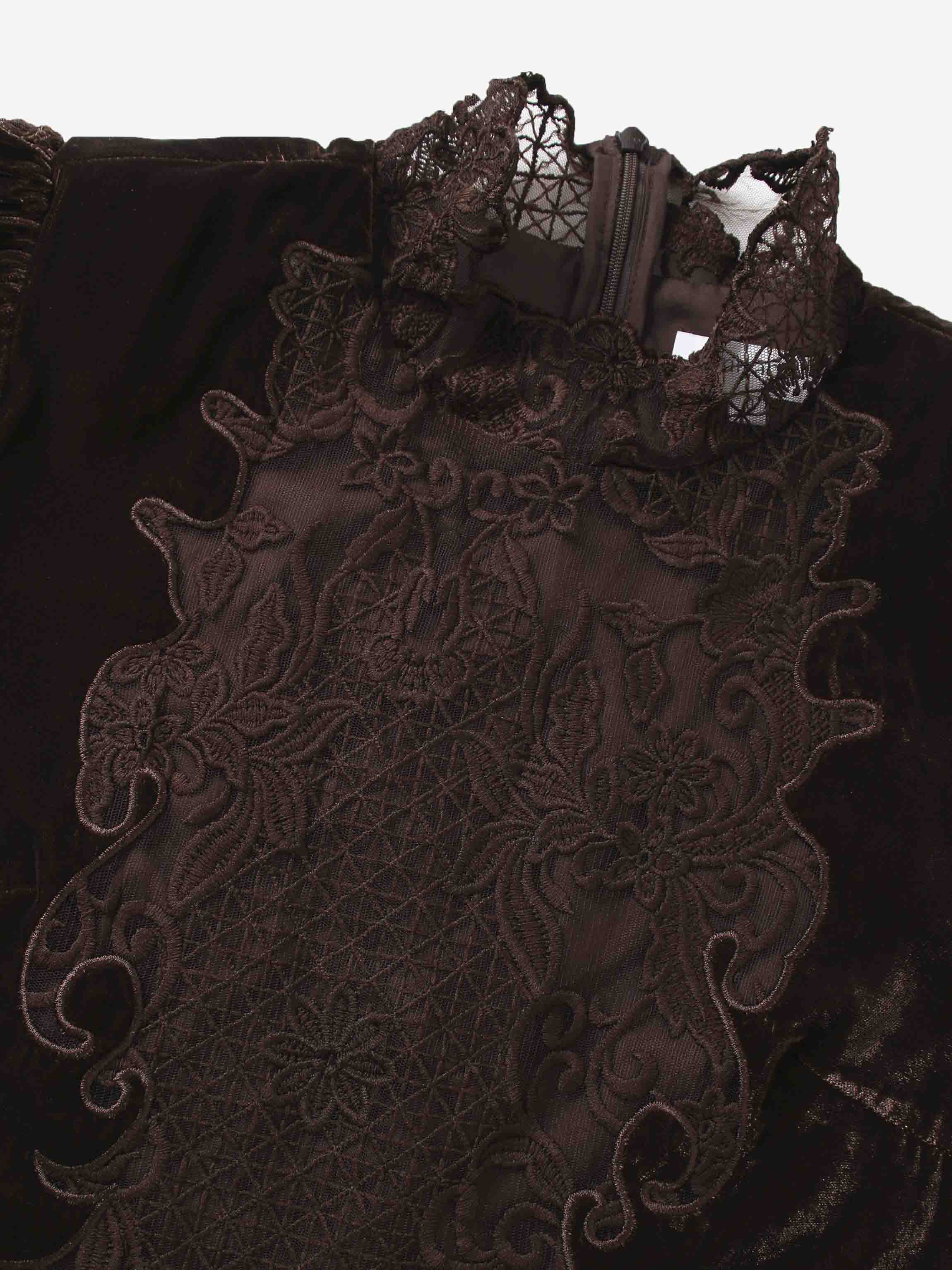 Lace Inlay Velvet Dress-Brown