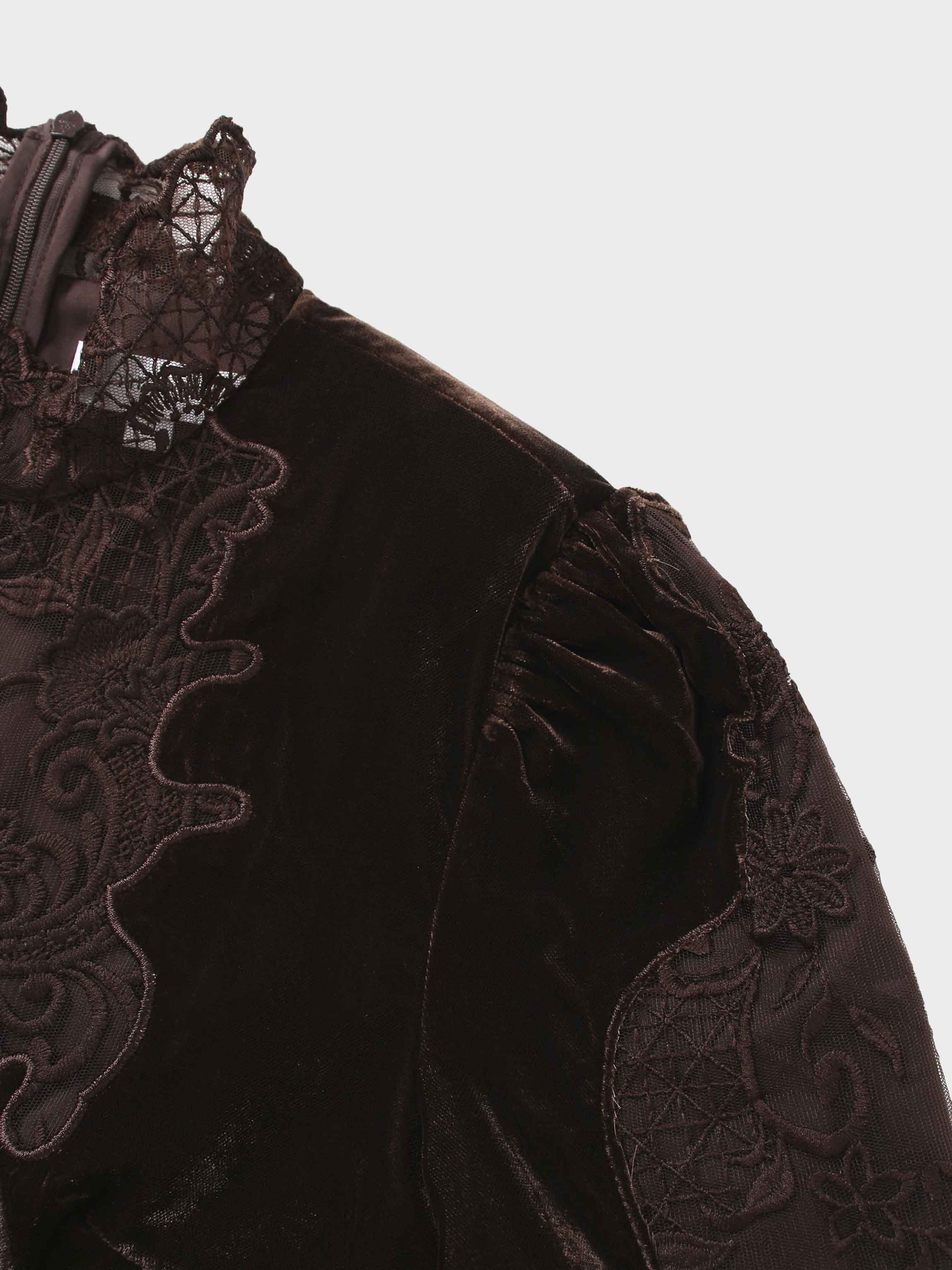 Lace Inlay Velvet Dress-Brown