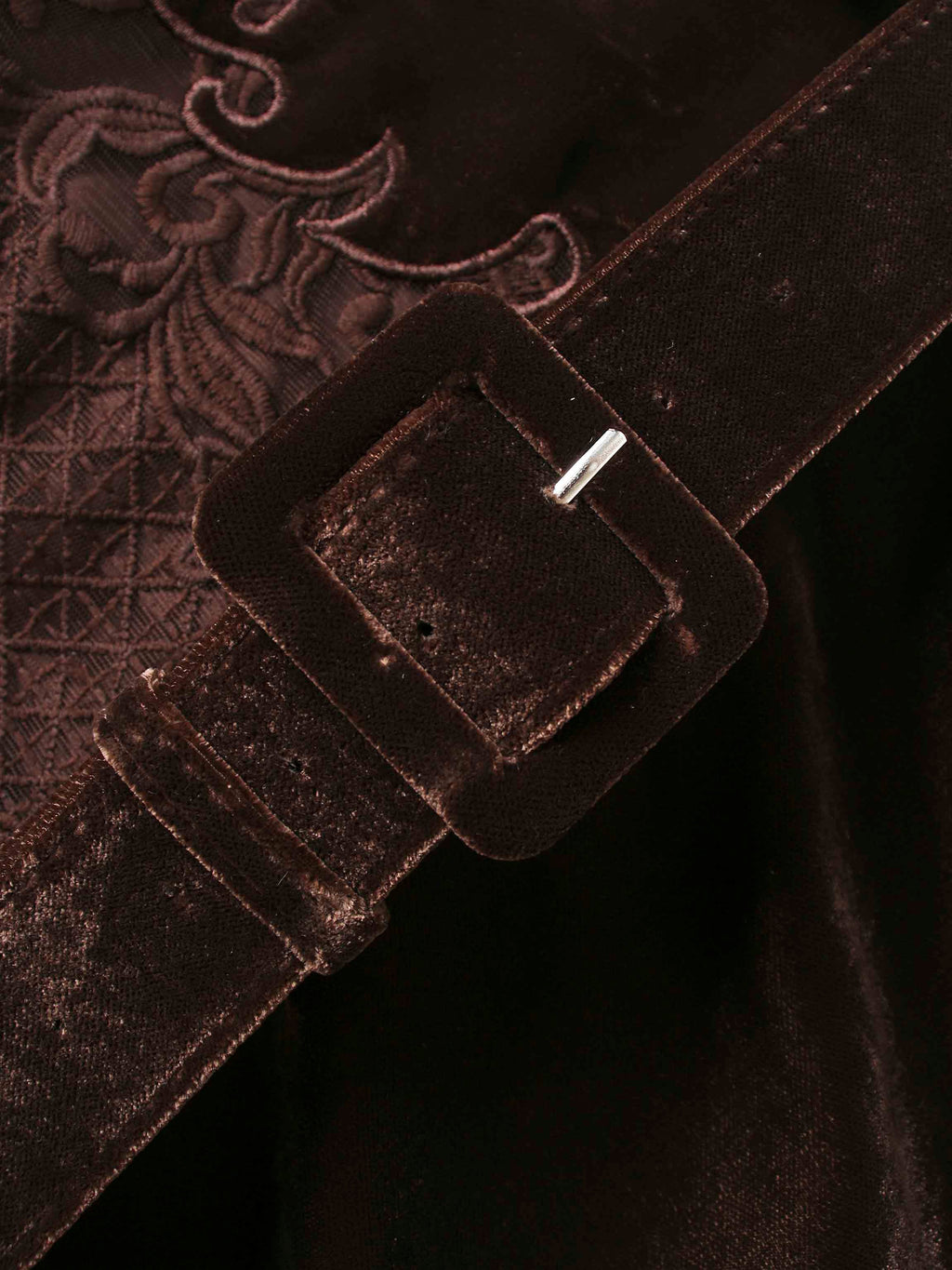 Lace Inlay Velvet Dress-Brown