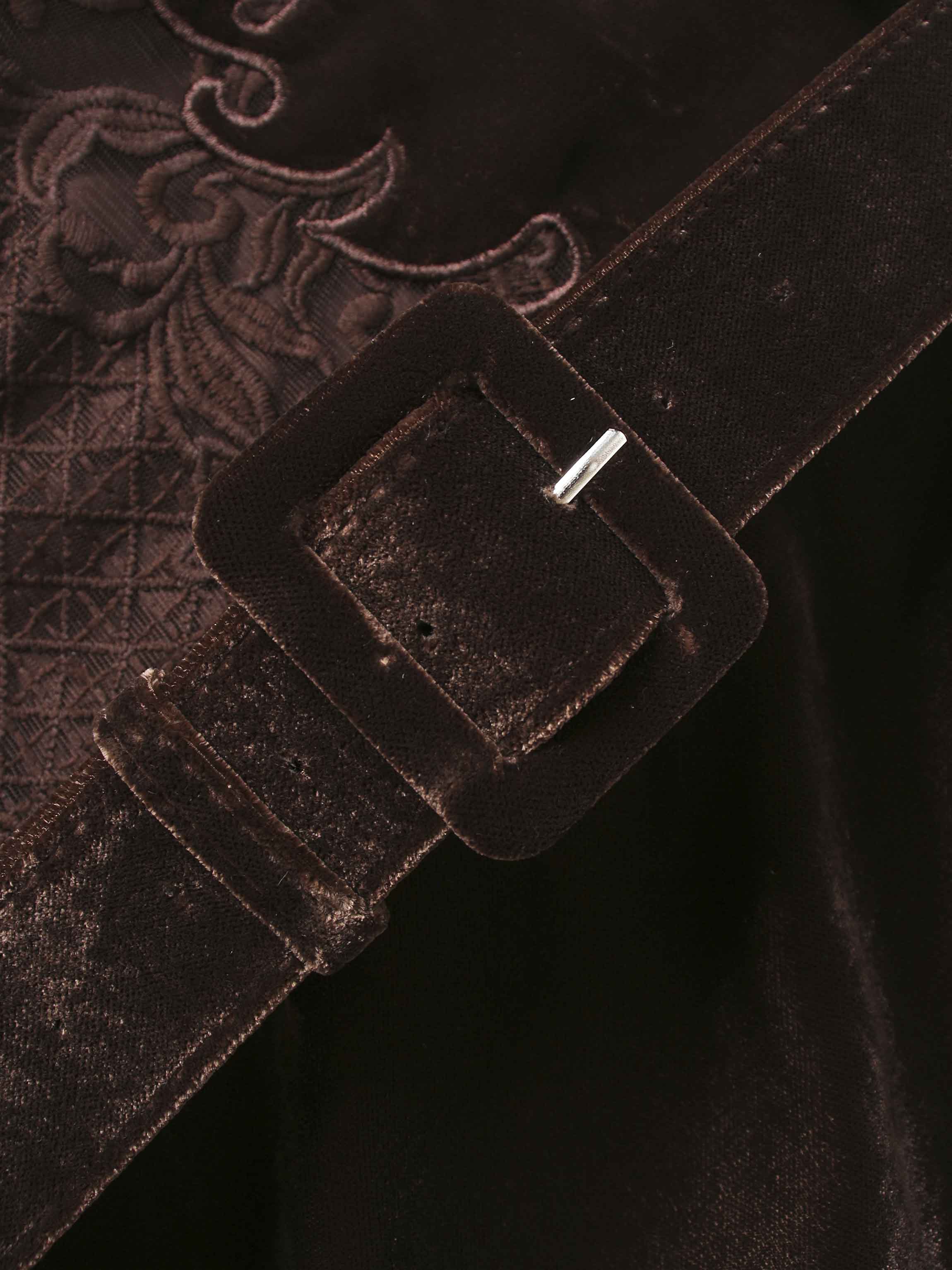 Lace Inlay Velvet Dress-Brown