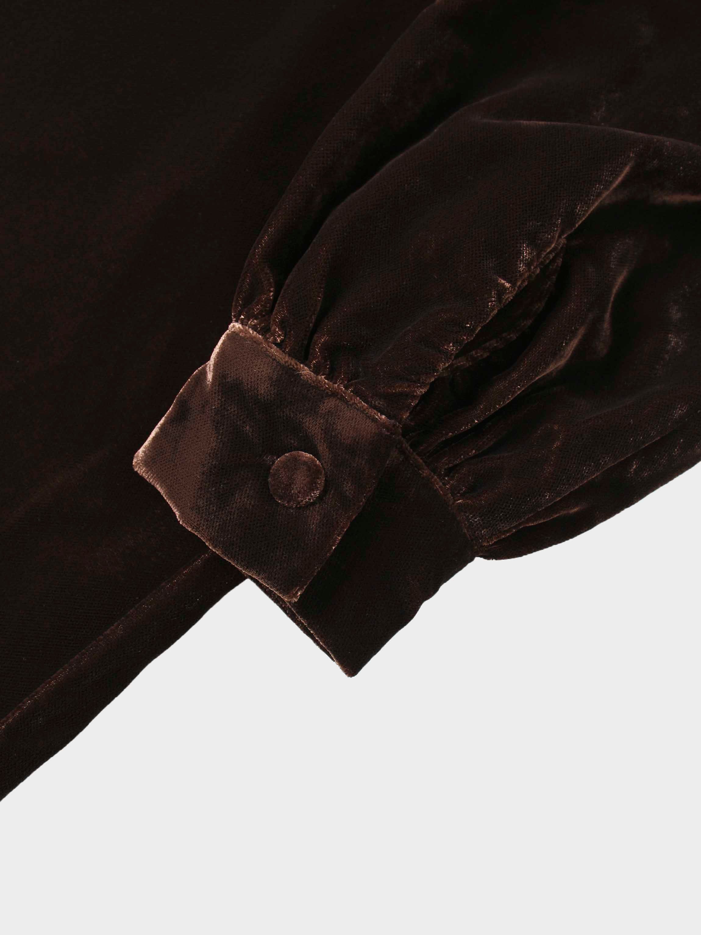 Lace Inlay Velvet Dress-Brown