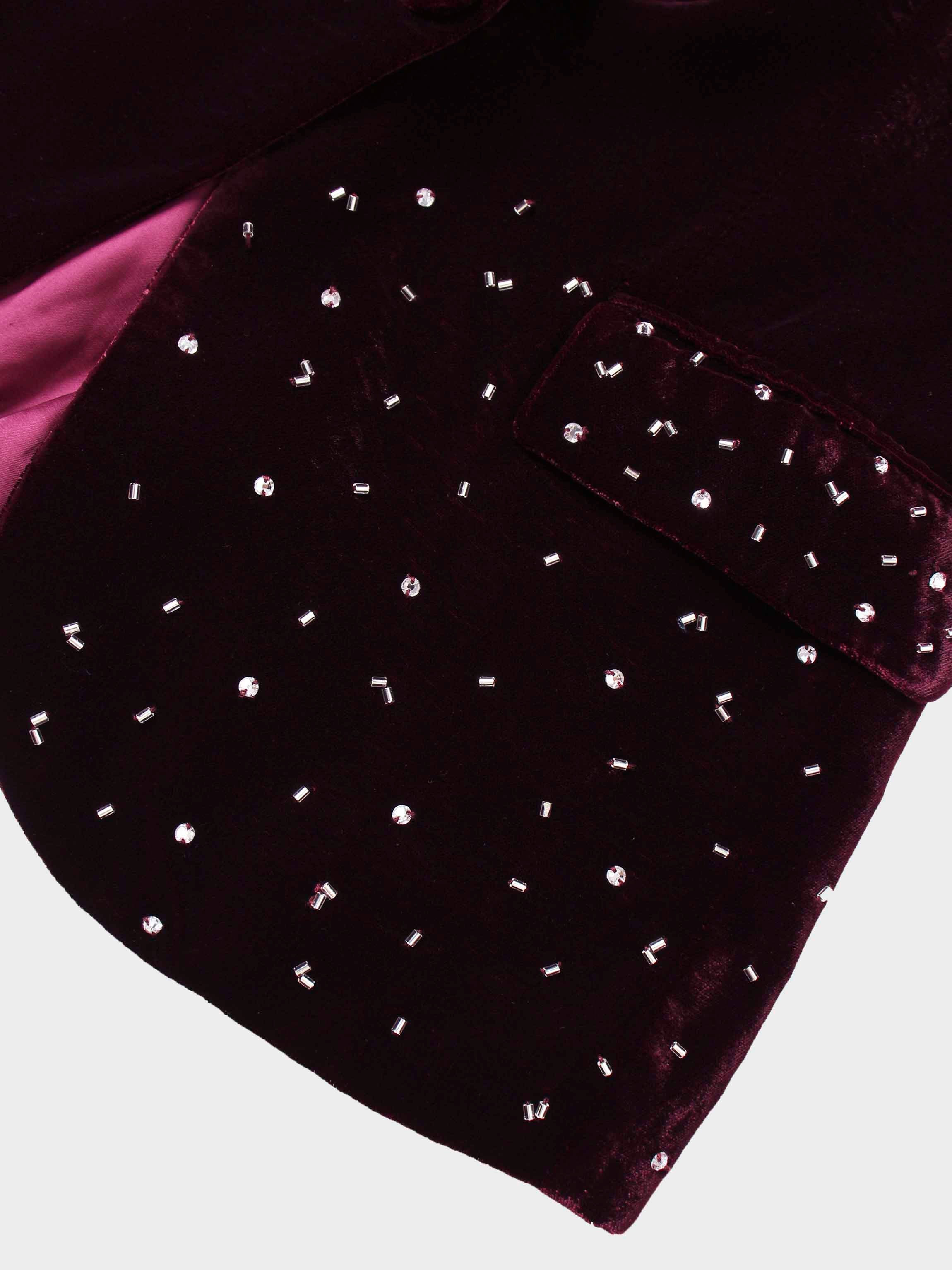 Embellished Velvet Blazer-Burgundy