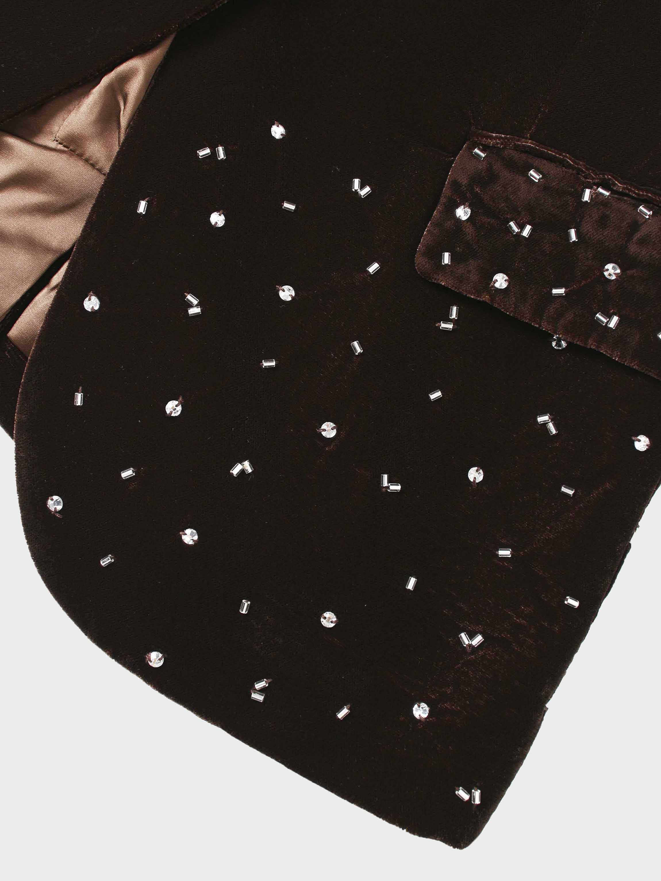 Embellished Velvet Blazer-Brown