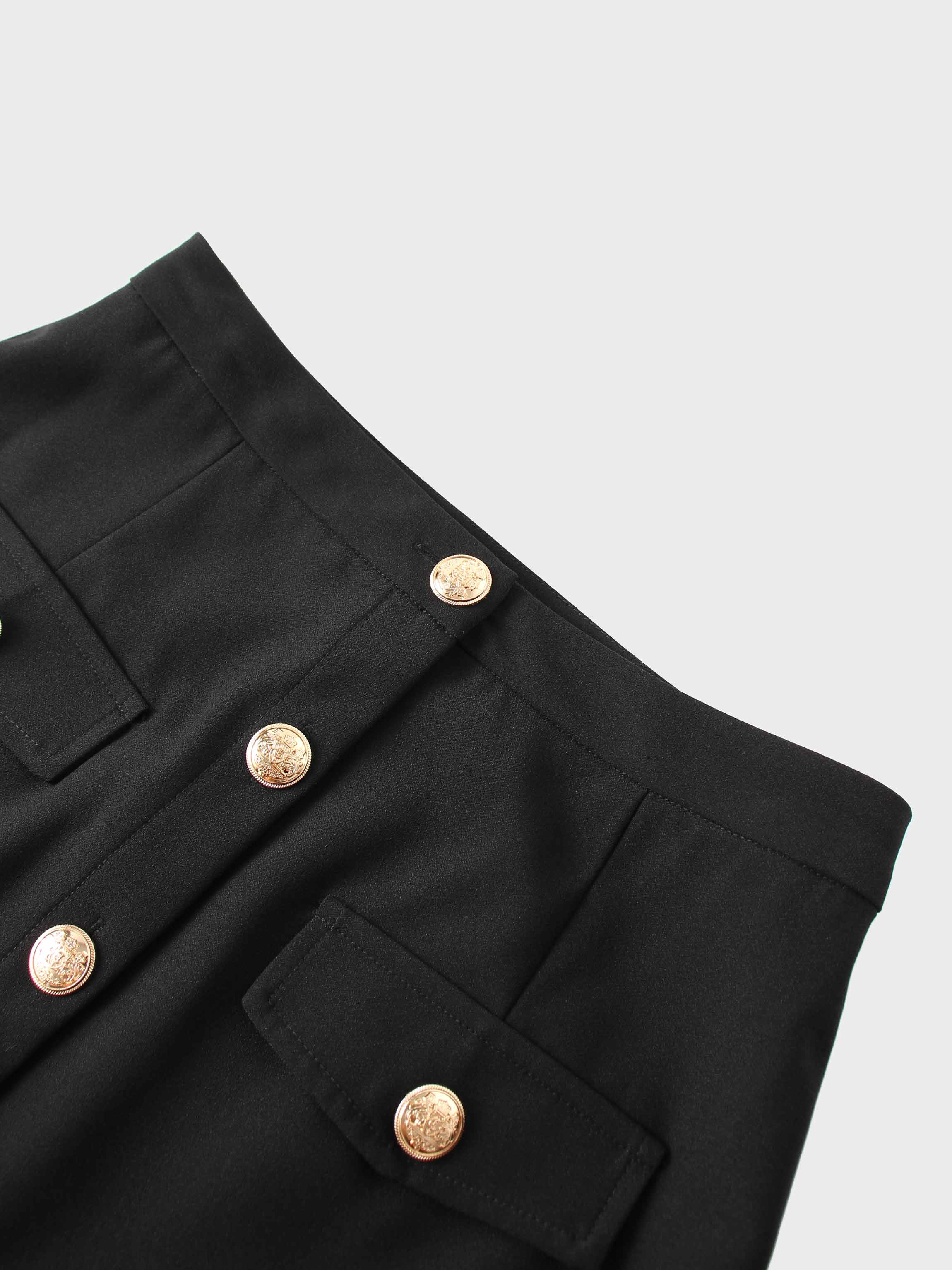 Gold Button Straight Pocket Skirt-Black