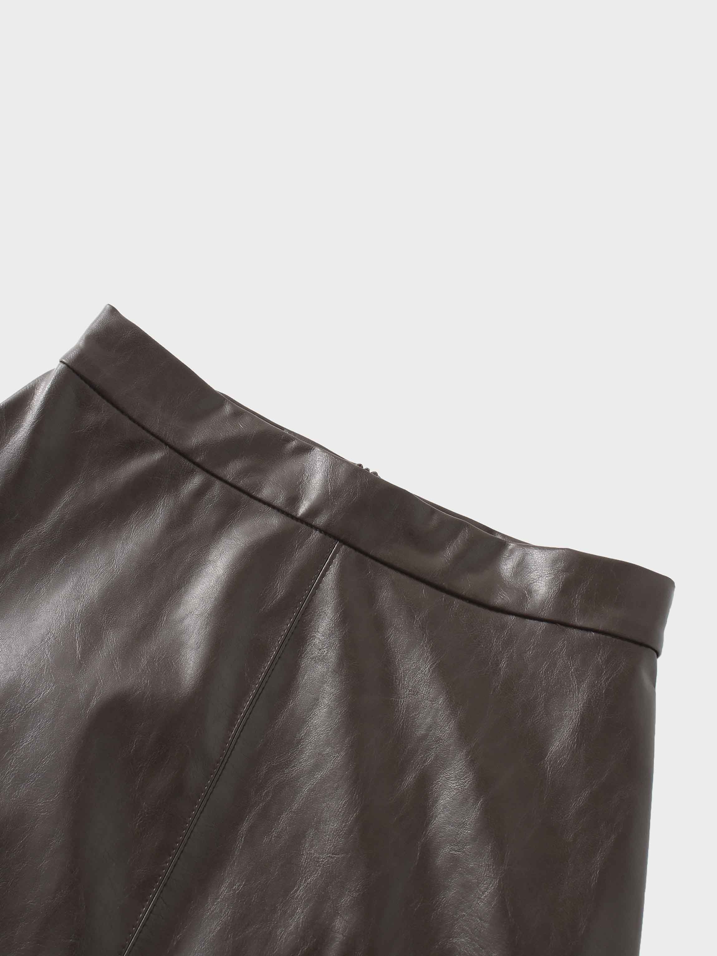 Coated Faux Leather A-Line Skirt-Brown
