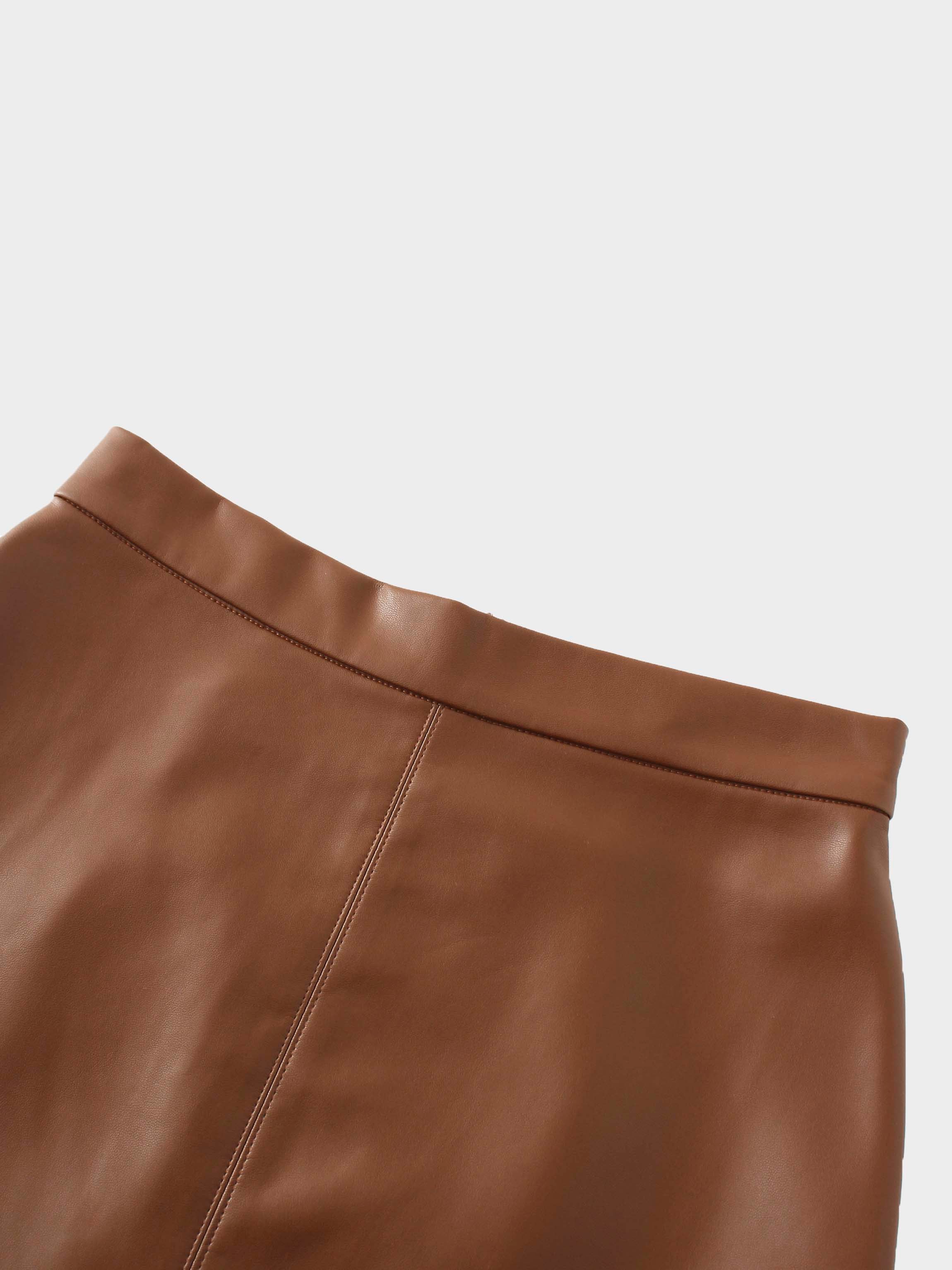 Short A-Line Seamed Faux Leather Skirt-Brown