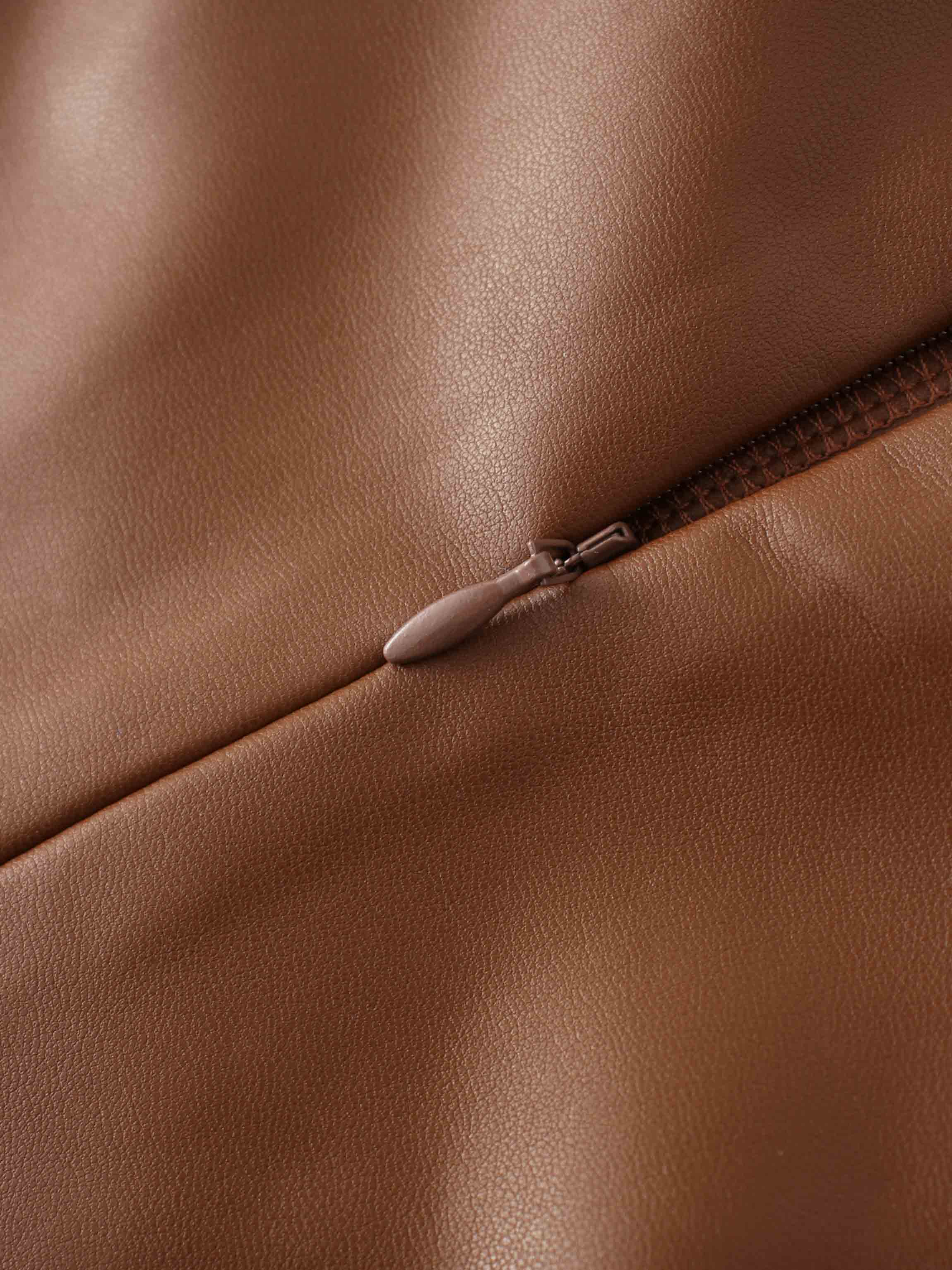 Short A-Line Seamed Faux Leather Skirt-Brown