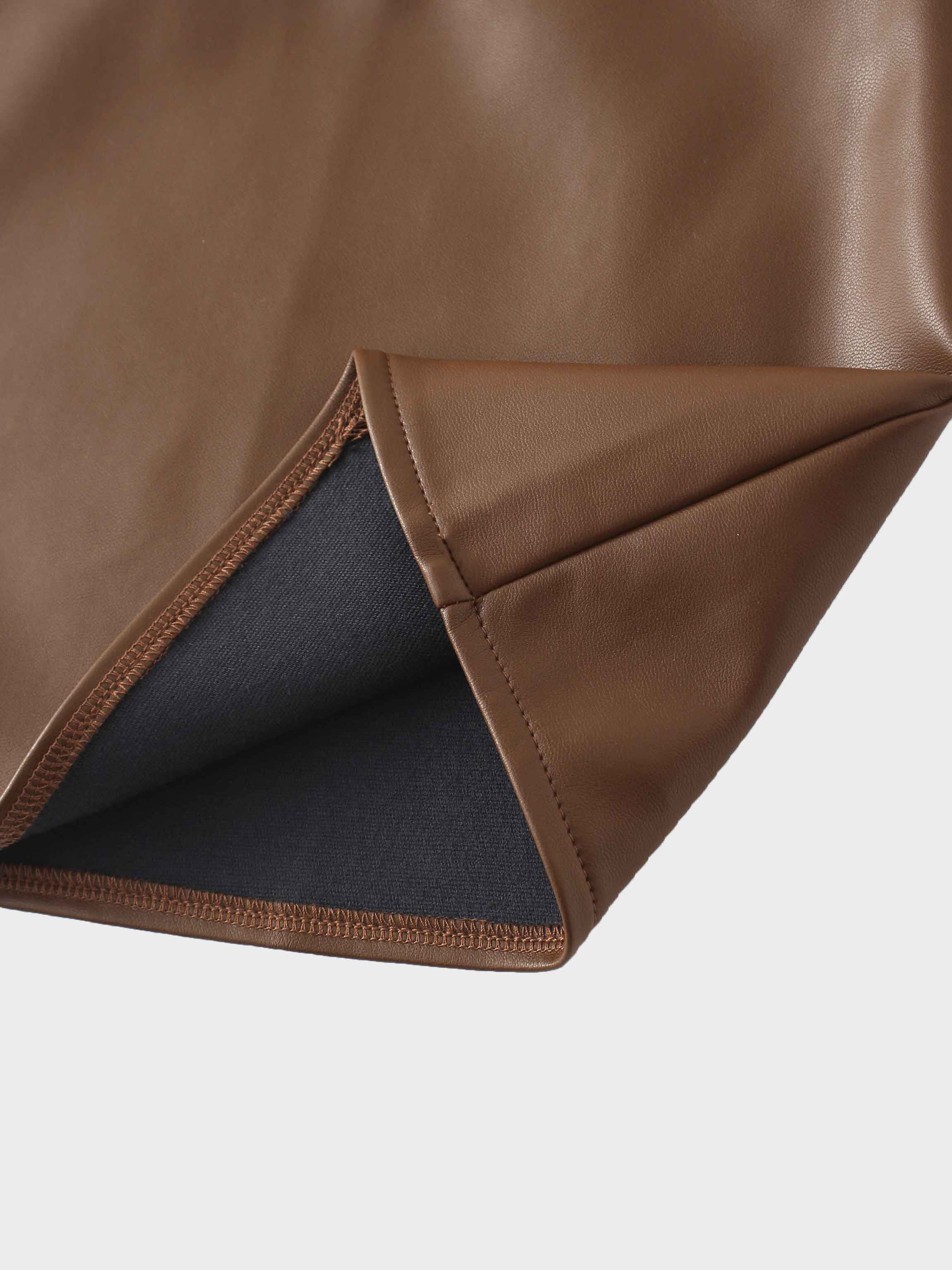 Short A-Line Seamed Faux Leather Skirt-Brown