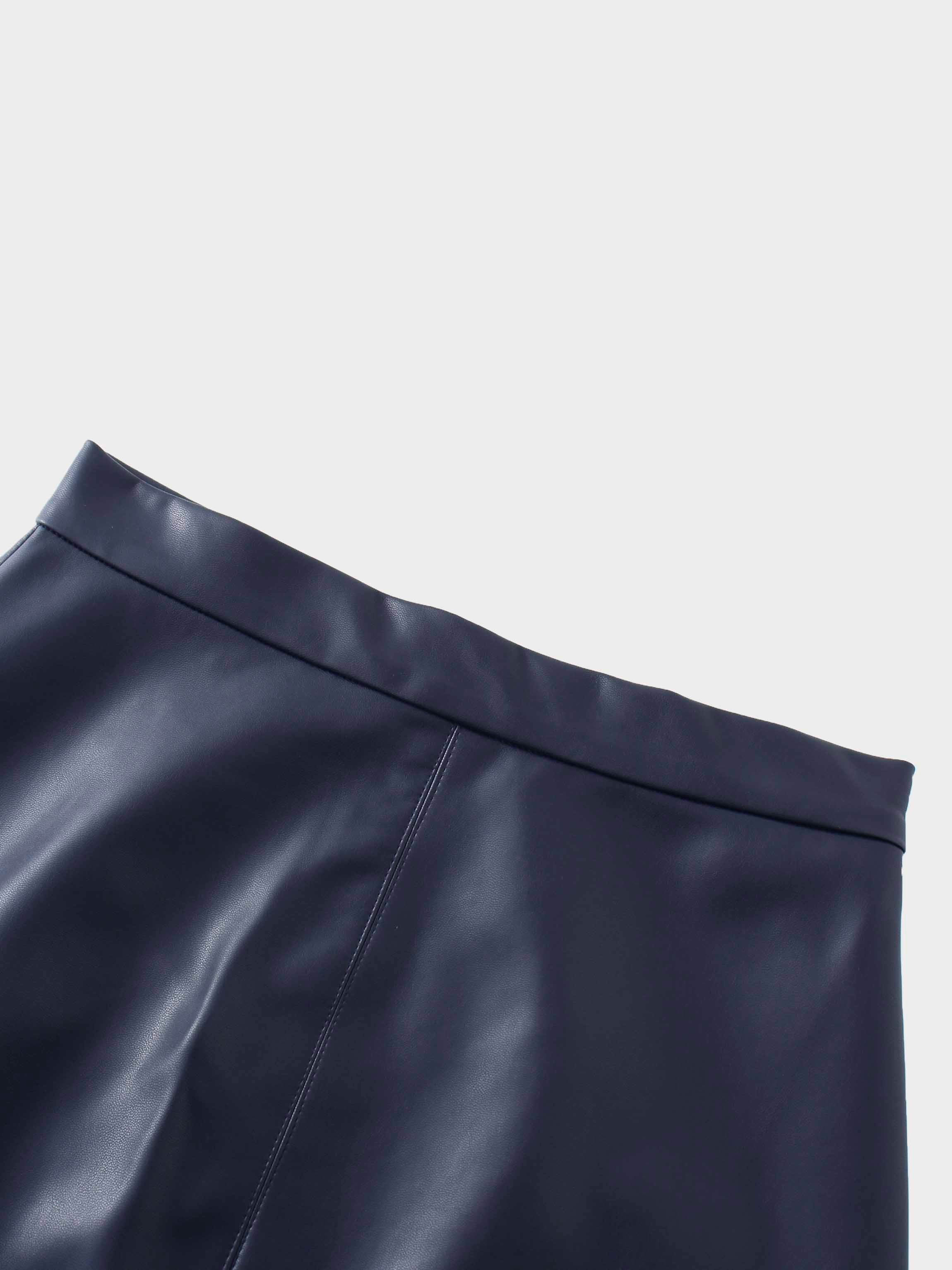 Short A-Line Seamed Faux Leather Skirt-Navy