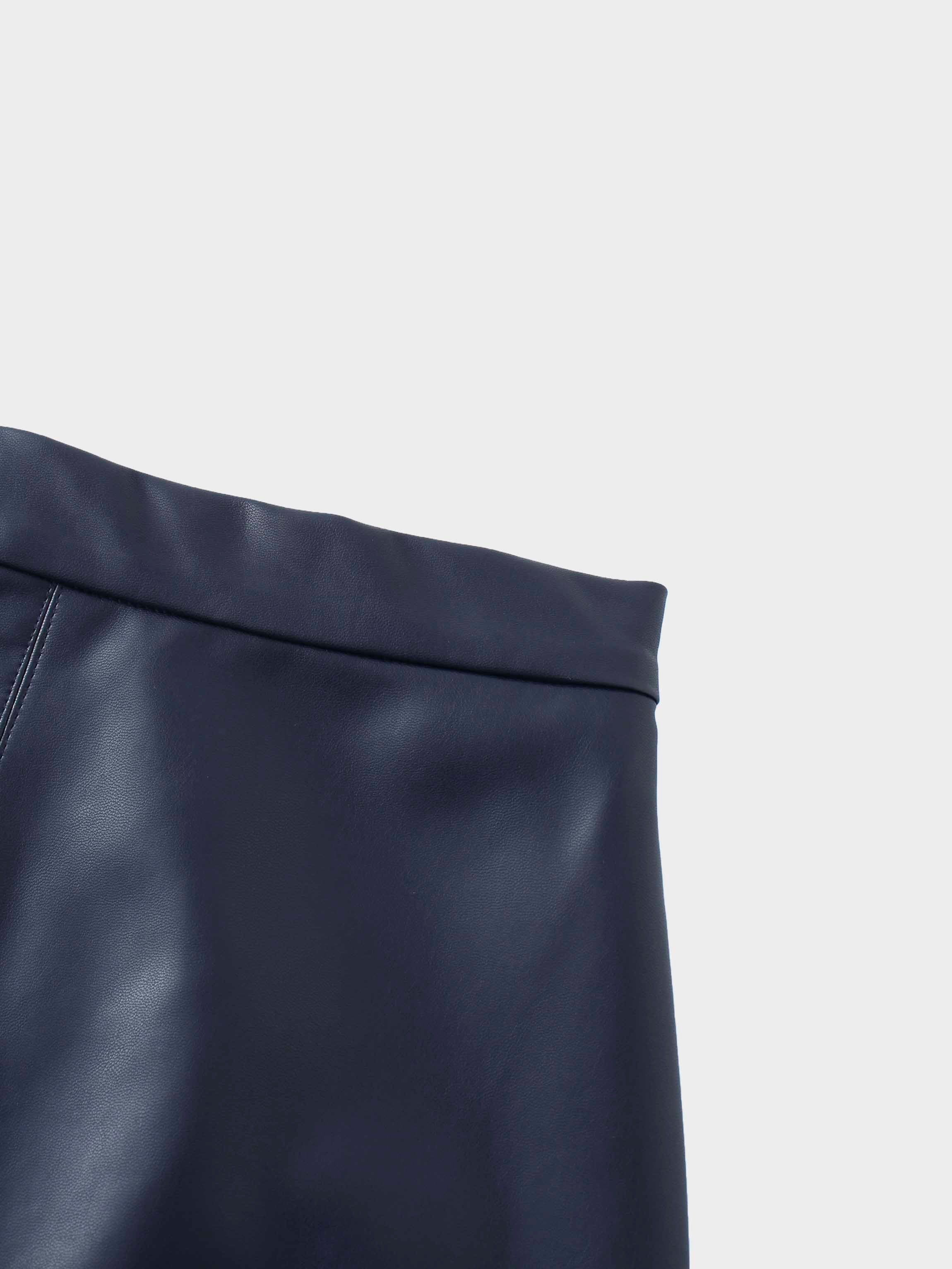 Short A-Line Seamed Faux Leather Skirt-Navy