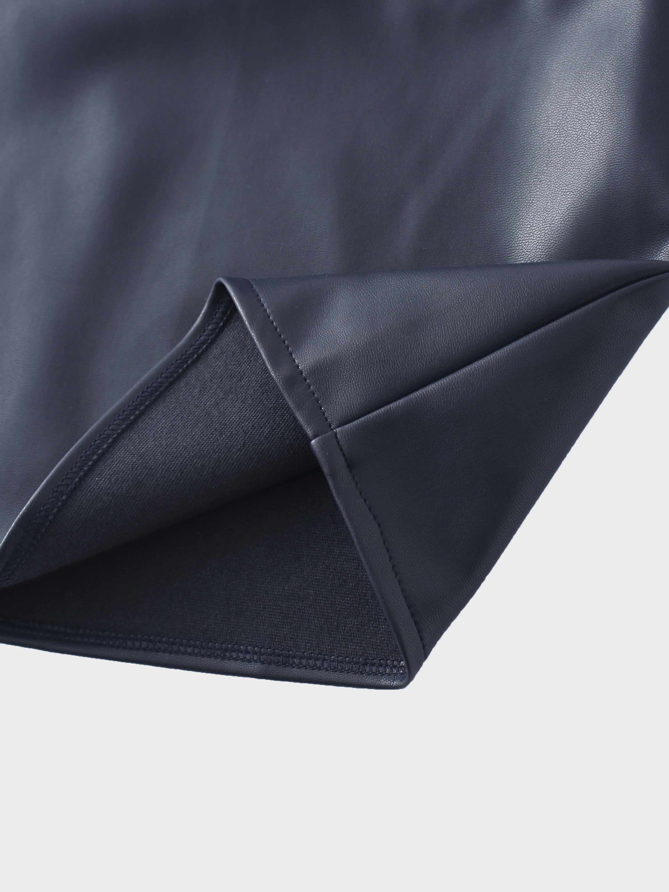 Short A-Line Seamed Faux Leather Skirt-Navy