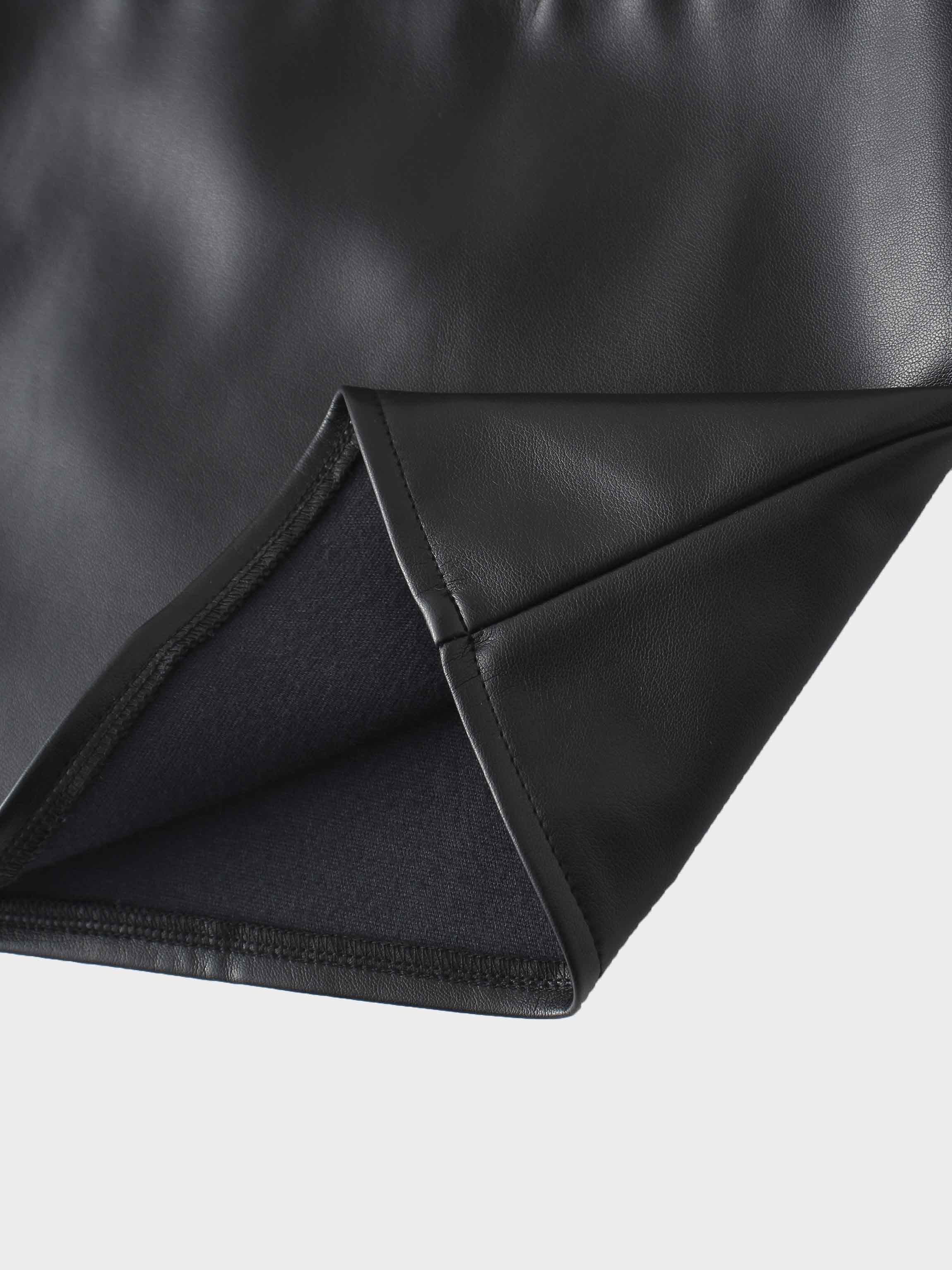 Short A-Line Seamed Faux Leather Skirt-Black