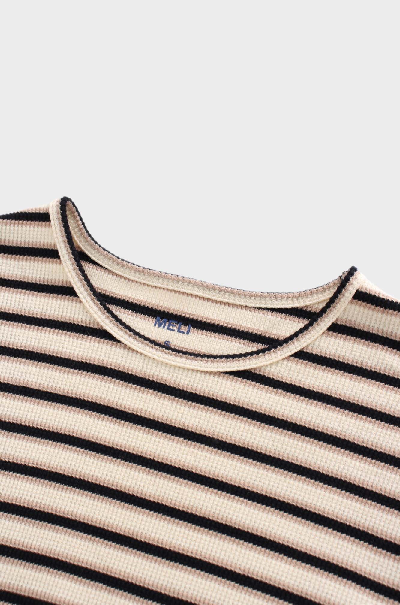 Waffle Striped Crew Tee-Tan/Black/Cream