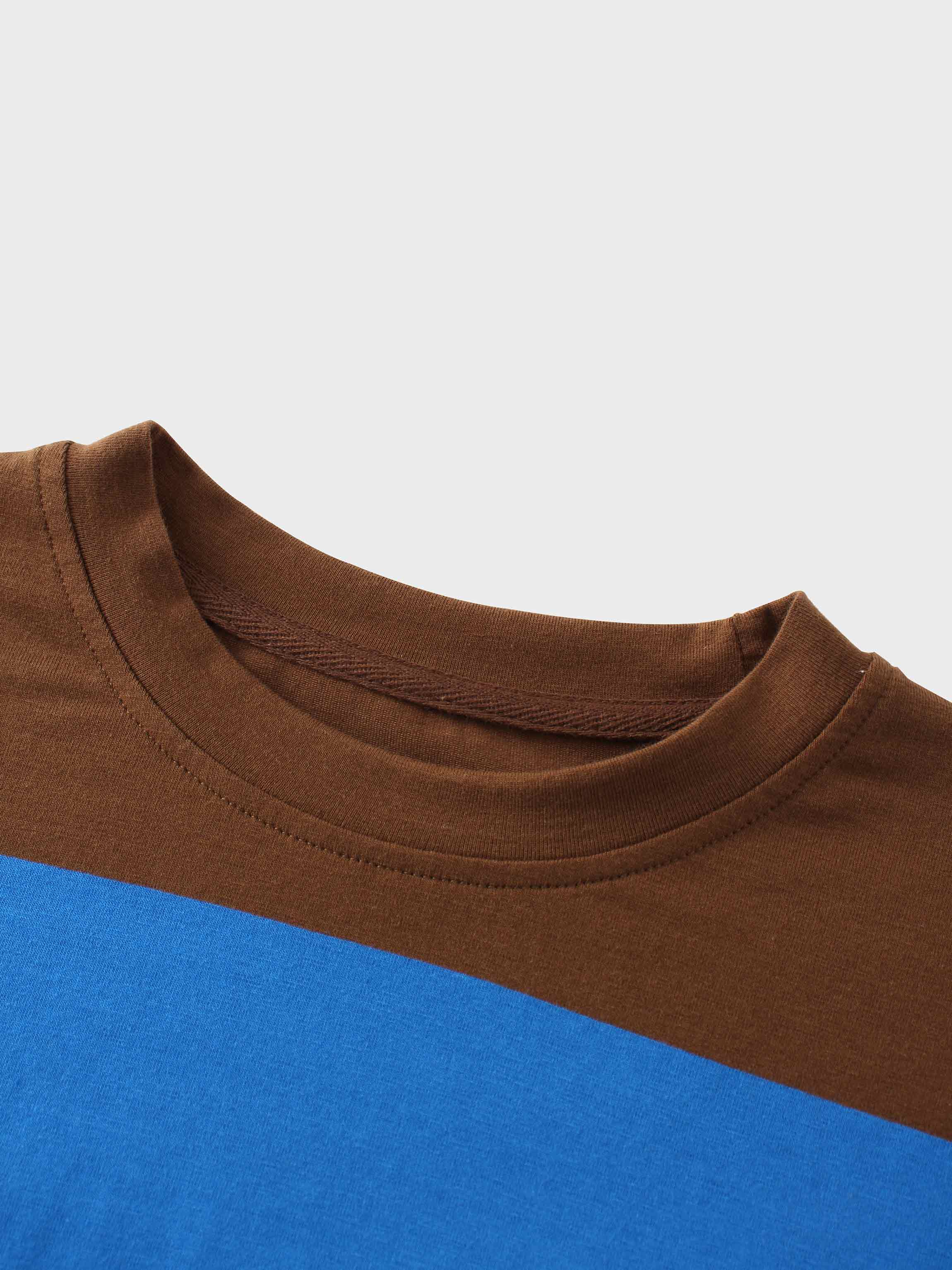 Oversized Rounded Hem T-Shirt-Brown/Cobalt