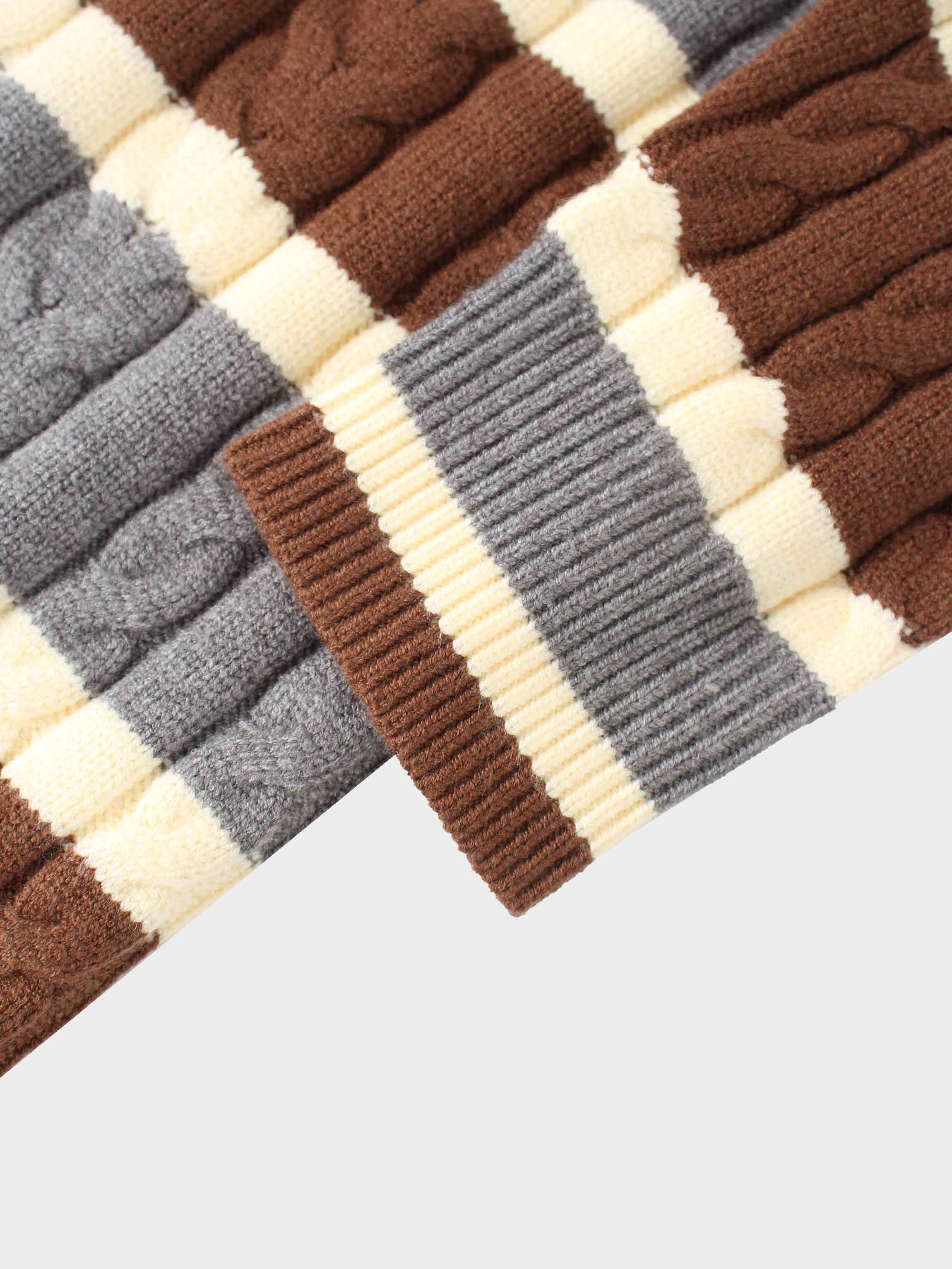 Cable Striped Sweater-Brown/Grey