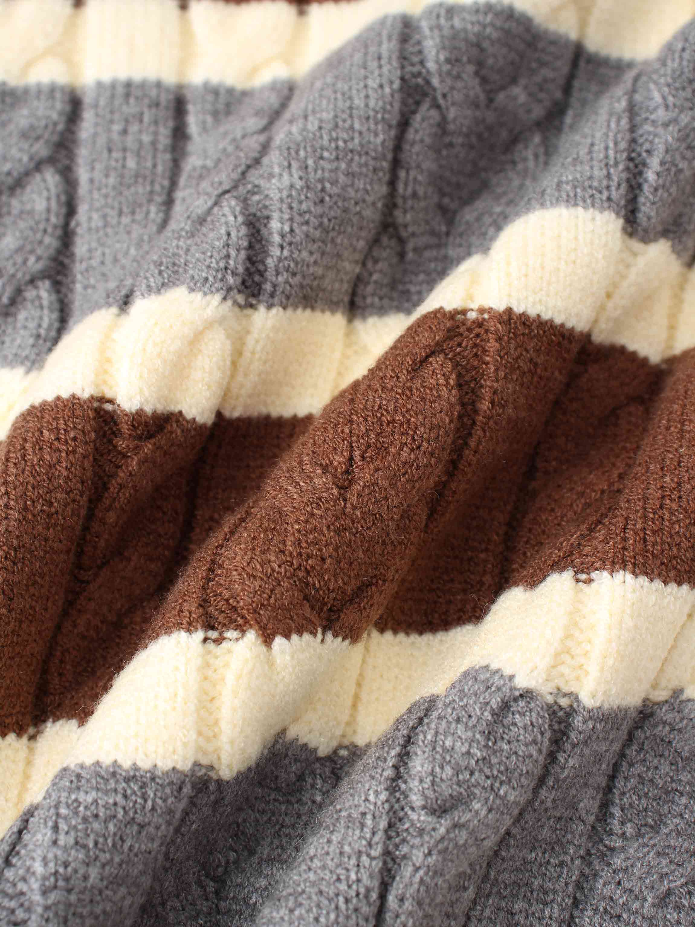 Cable Striped Sweater-Brown/Grey