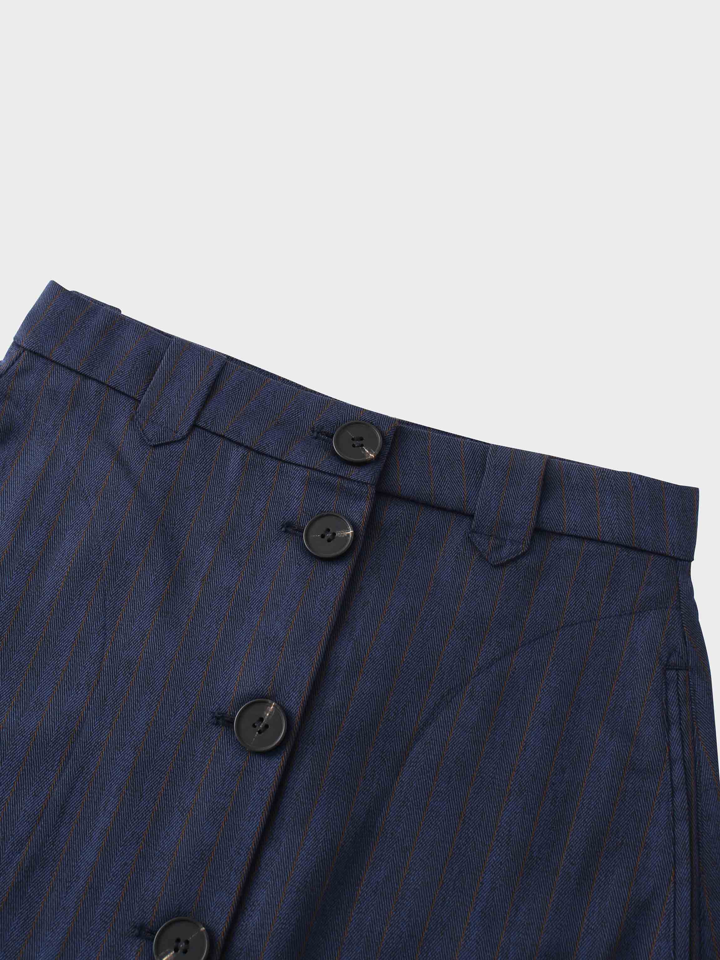 Herringbone Pinstripe Button Down A-Line Skirt-Navy/Brown