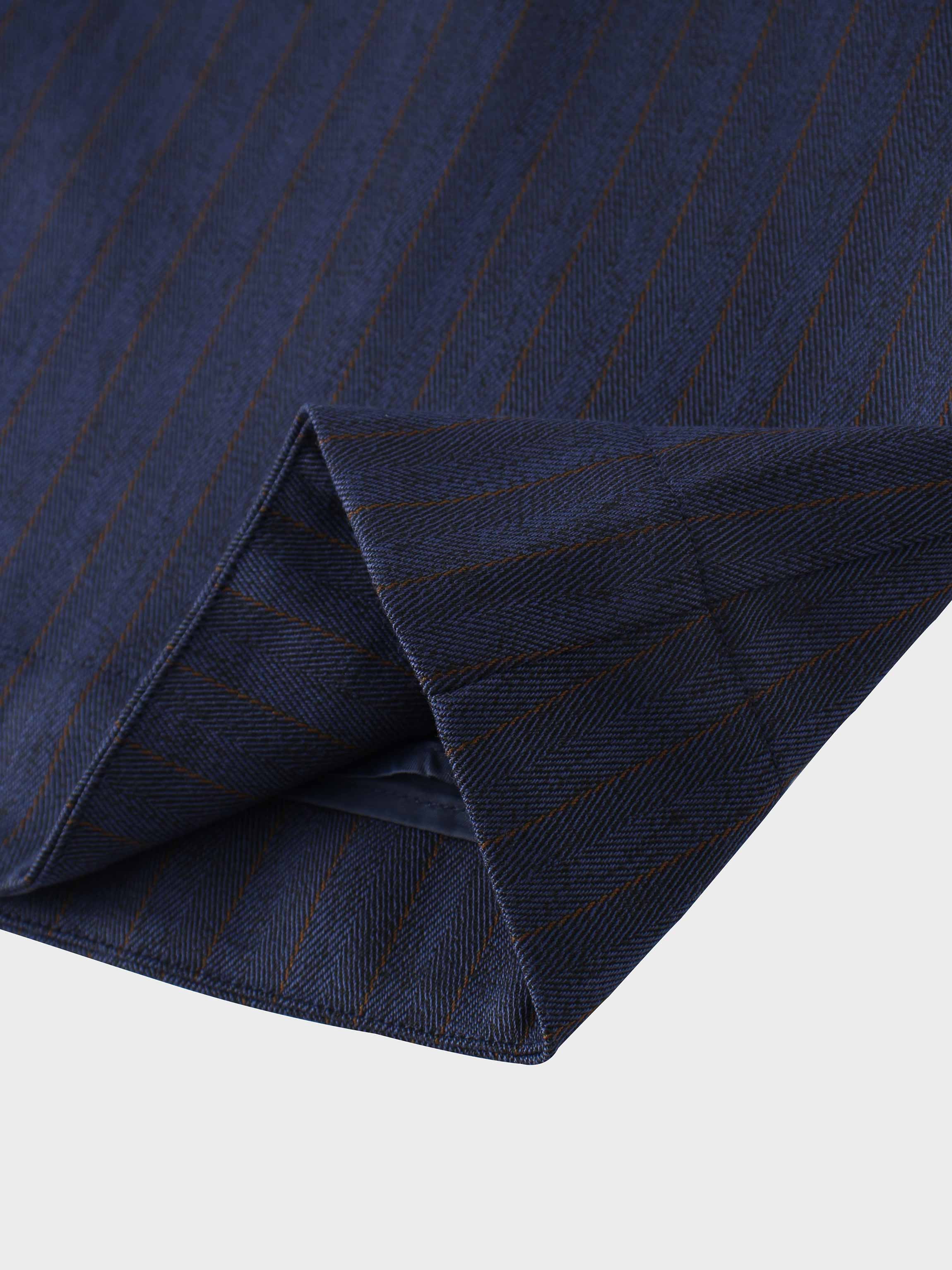 Herringbone Pinstripe Button Down A-Line Skirt-Navy/Brown