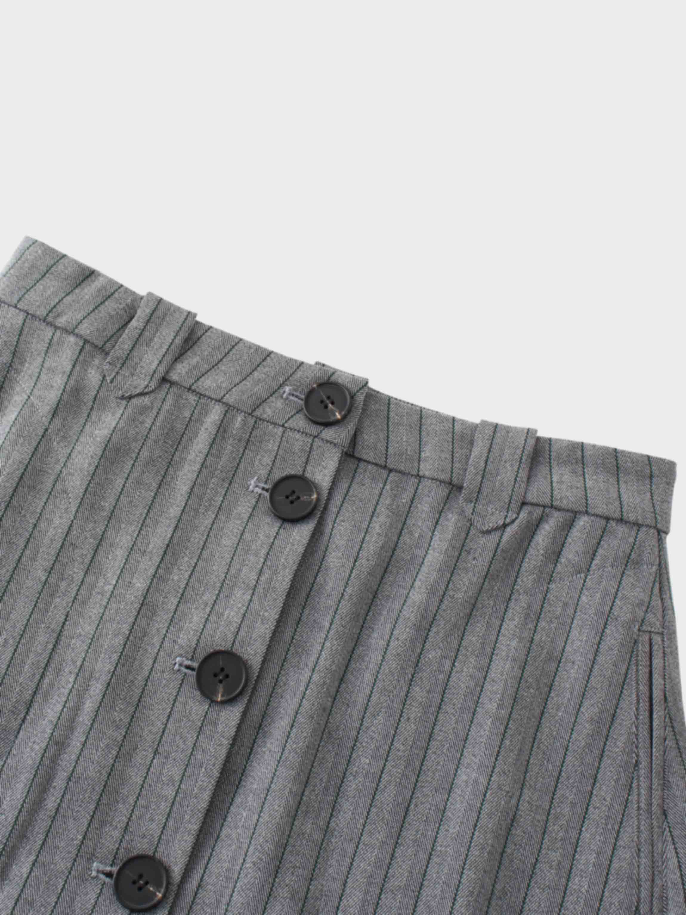 Herringbone Pinstripe Button Down A-Line Skirt-Grey/Green