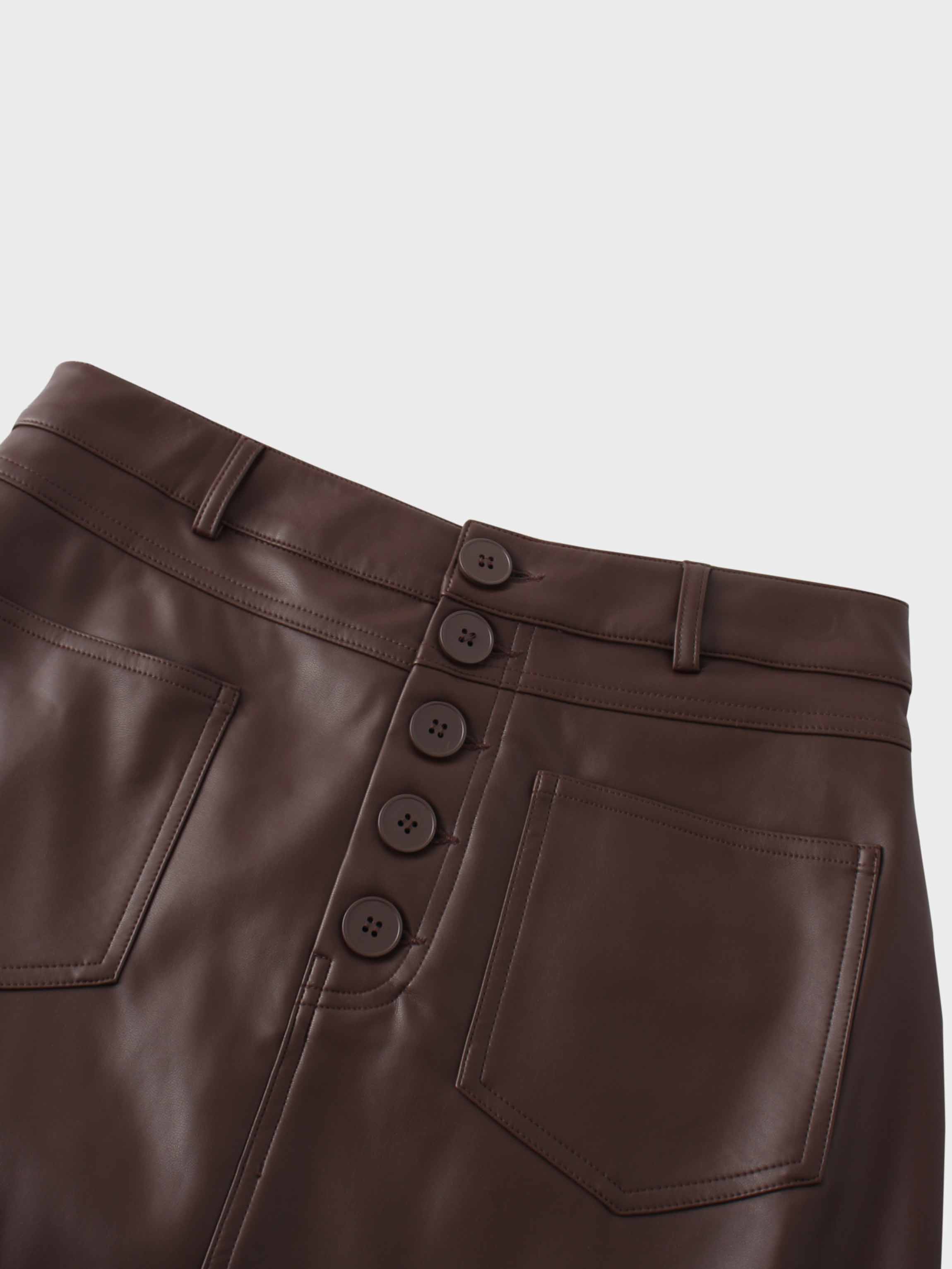 Front Pocket Straight Faux Leather Skirt-Brown