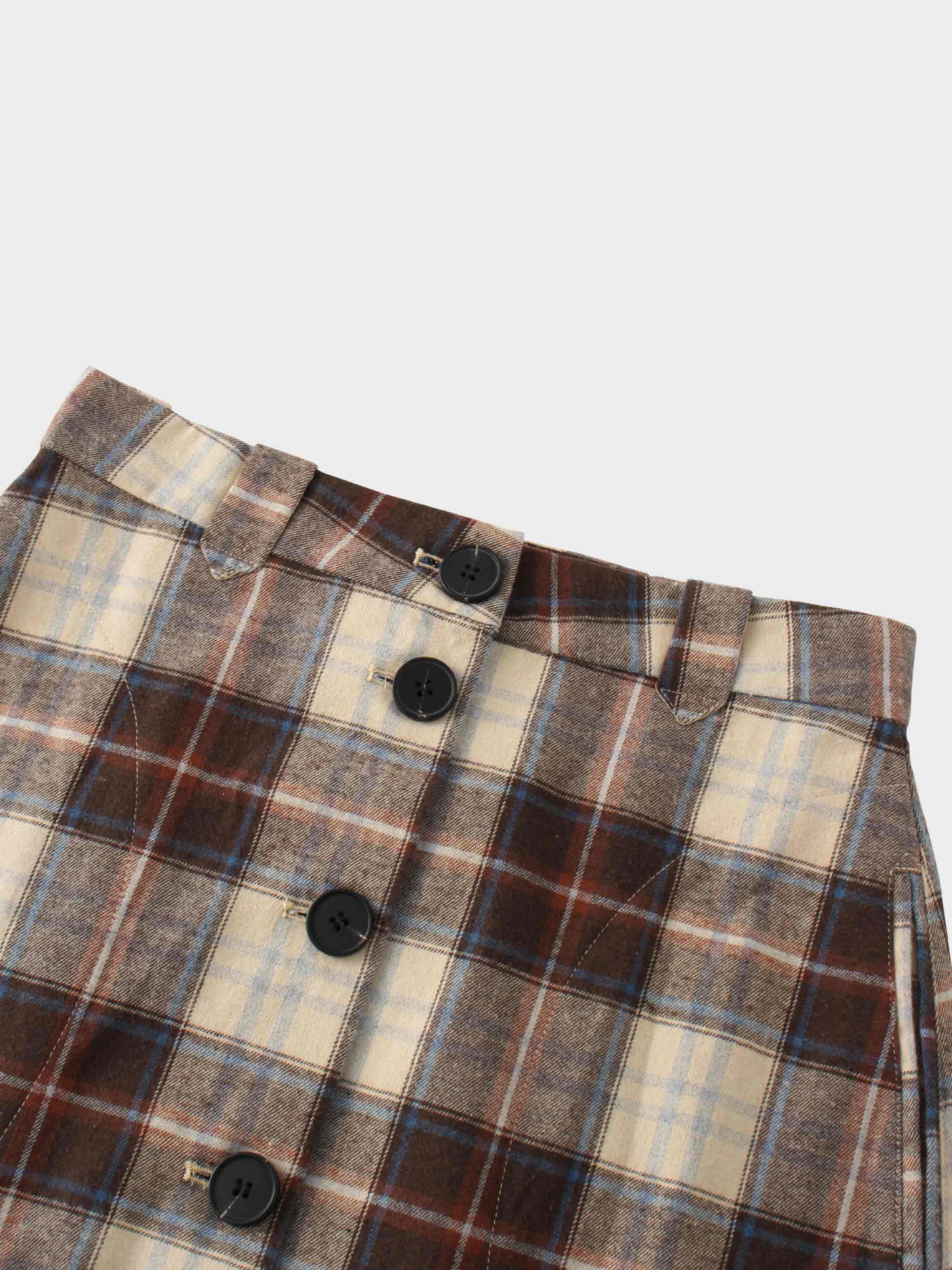 Plaid Button Down A-Line Skirt-Ivory/Tan/Brown