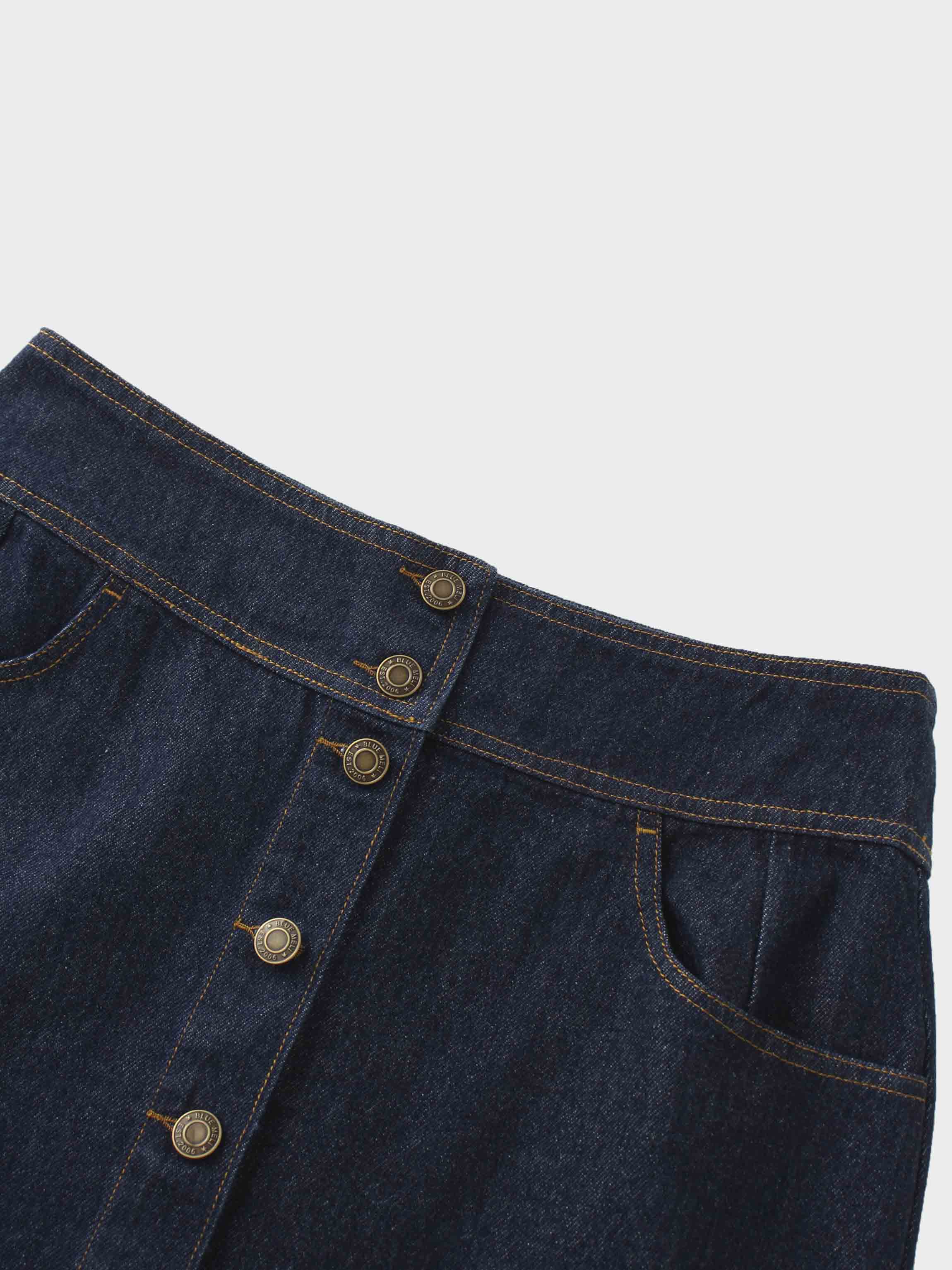 Button Down Denim Skirt-Deep Blue
