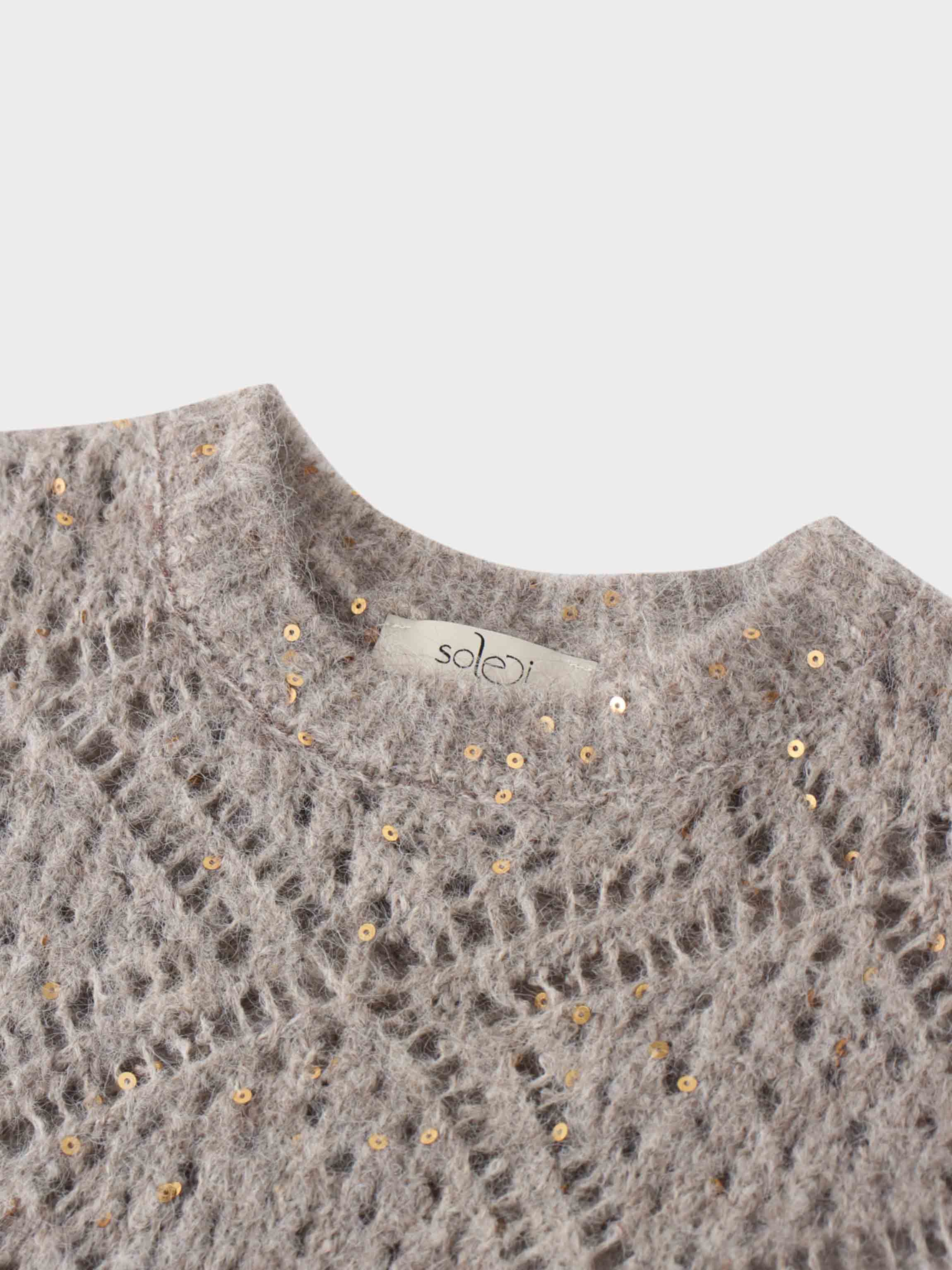 Open Crochet Knit Sequin Sweater-Tan