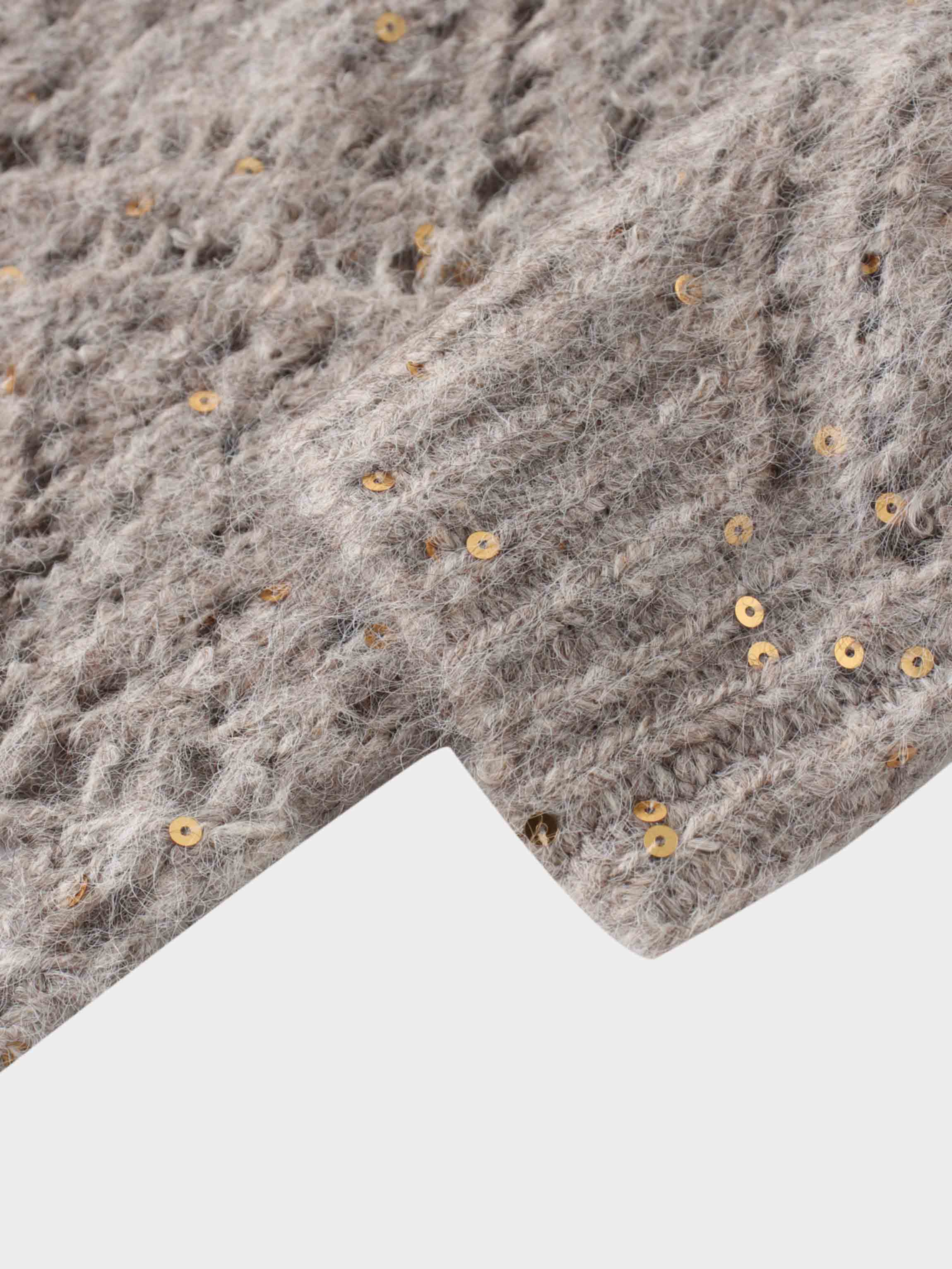 Open Crochet Knit Sequin Sweater-Tan