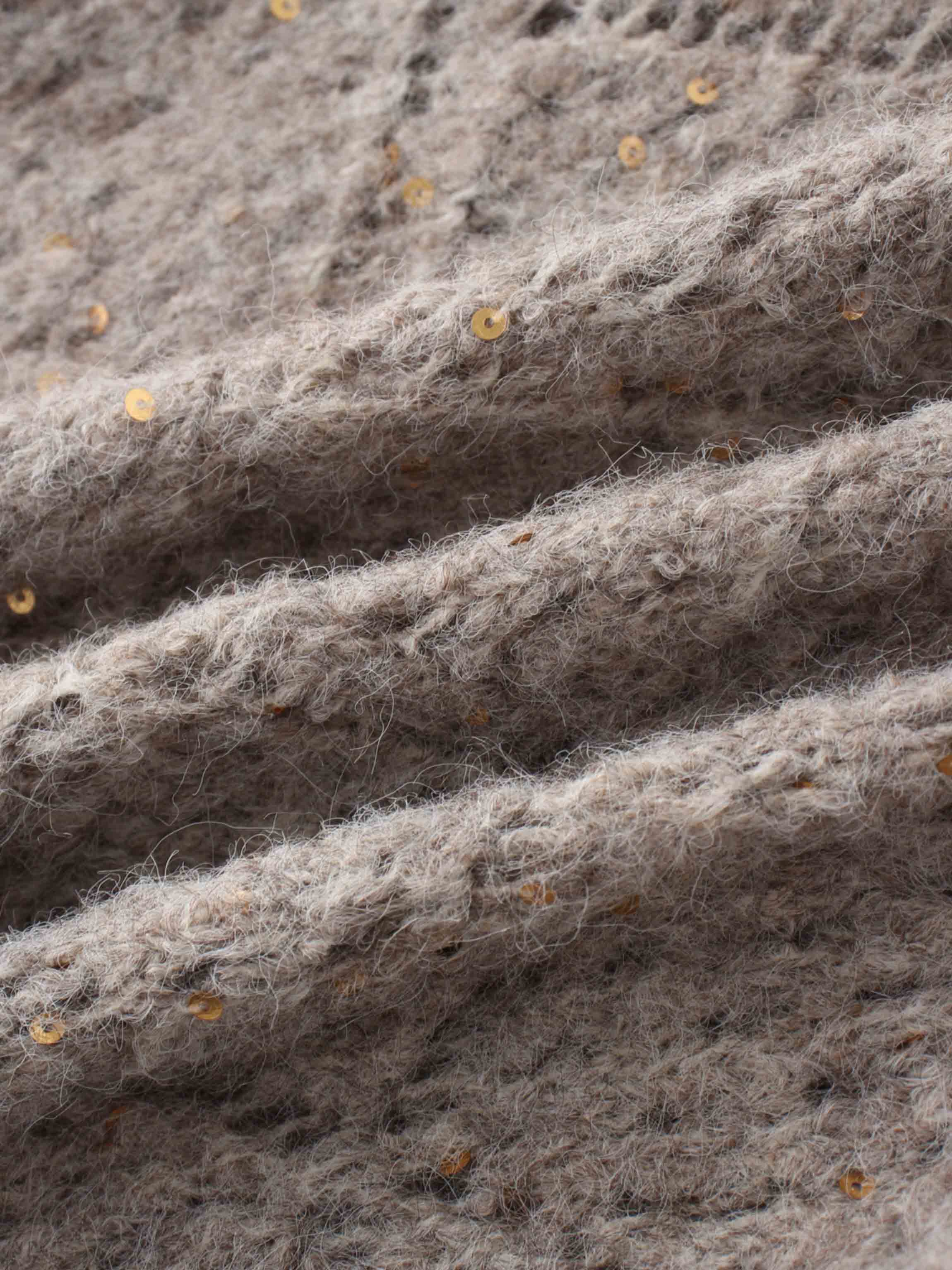 Open Crochet Knit Sequin Sweater-Tan