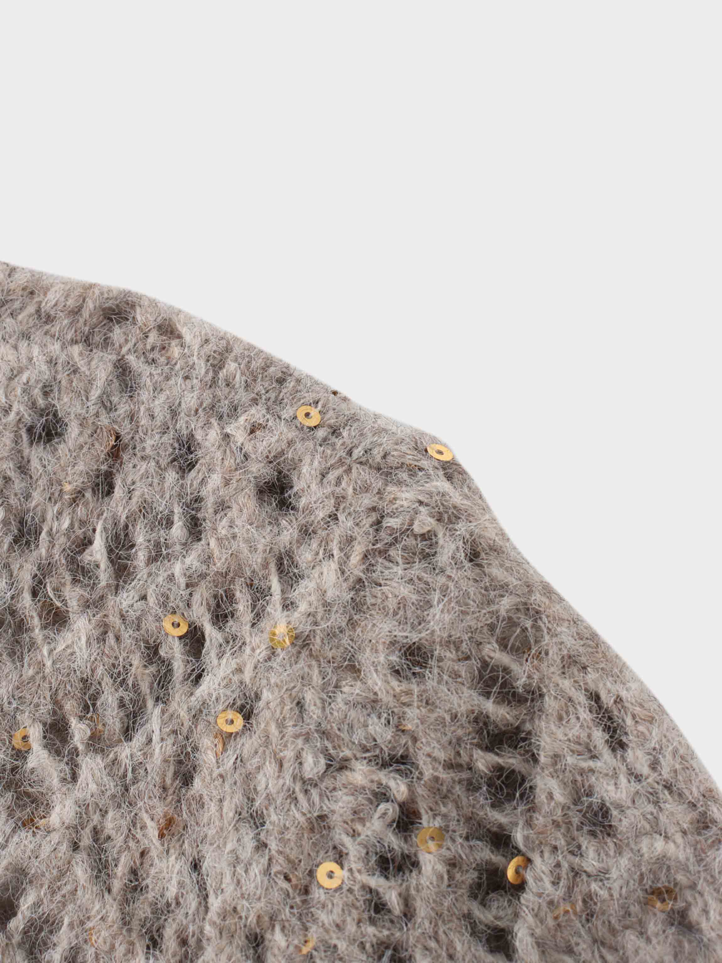 Open Crochet Knit Sequin Sweater-Tan