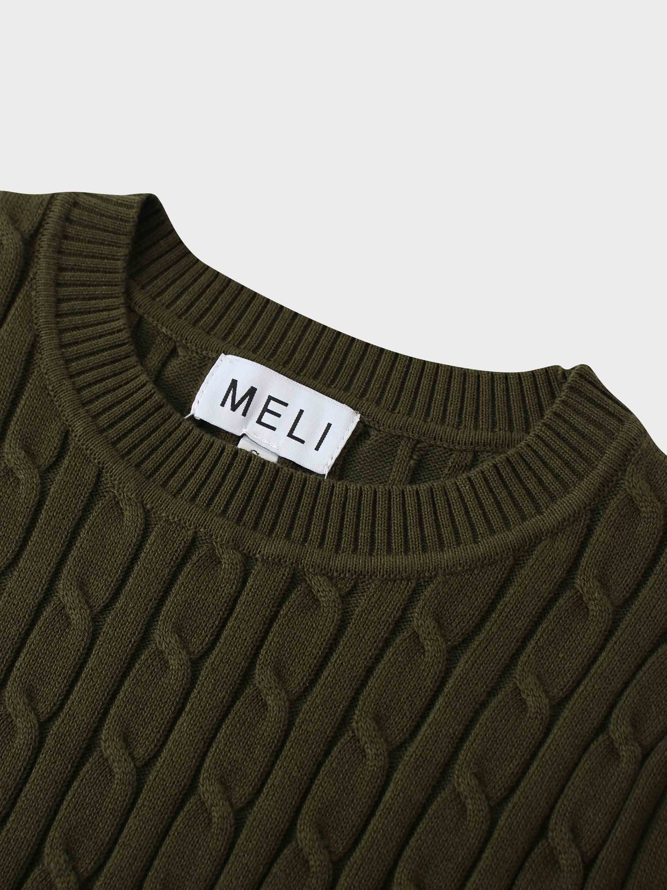 Crew Neck Cable Sweater-Olive Green