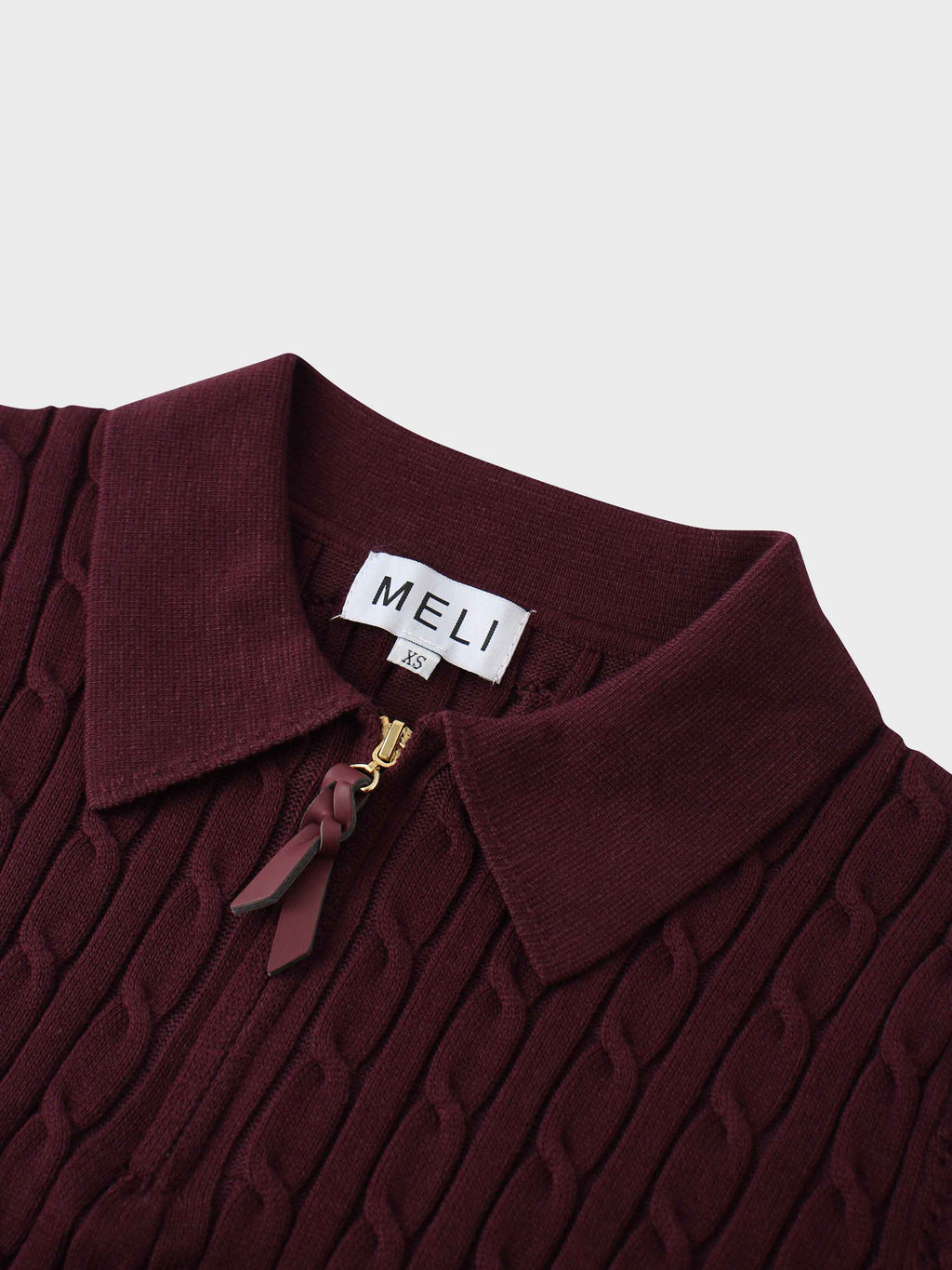Leather Pull Half Zip Cable Polo-Burgundy