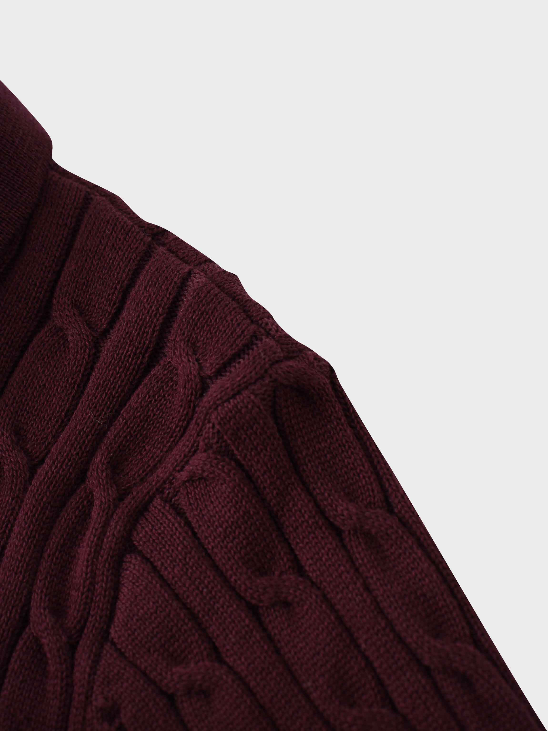 Leather Pull Half Zip Cable Polo-Burgundy
