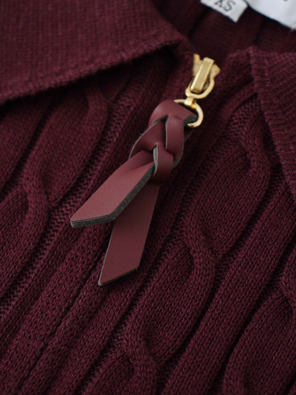 Leather Pull Half Zip Cable Polo-Burgundy