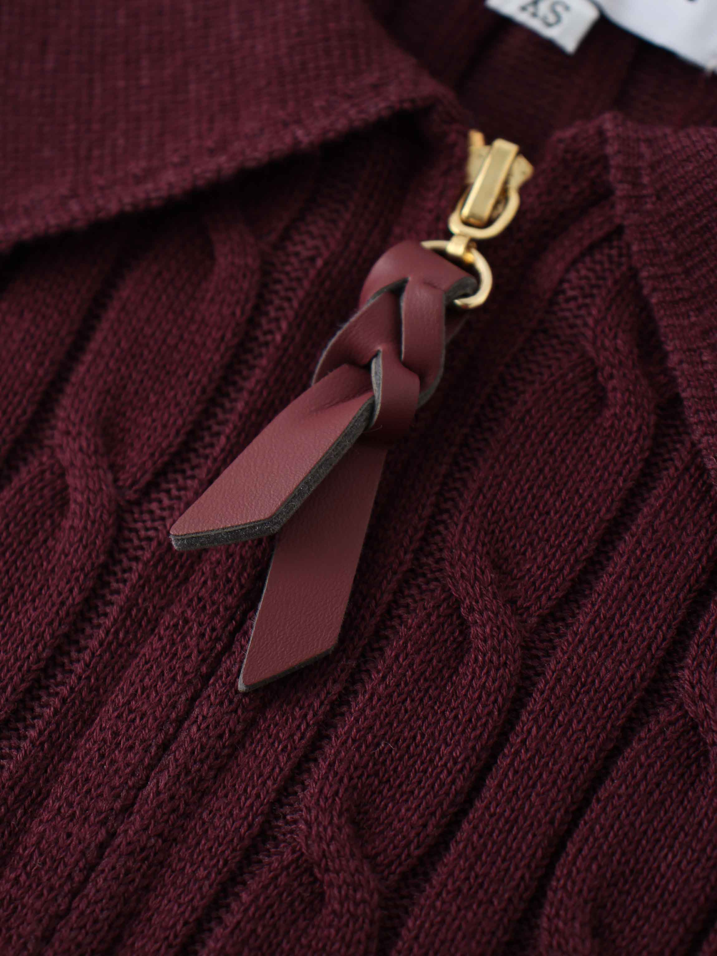 Leather Pull Half Zip Cable Polo-Burgundy