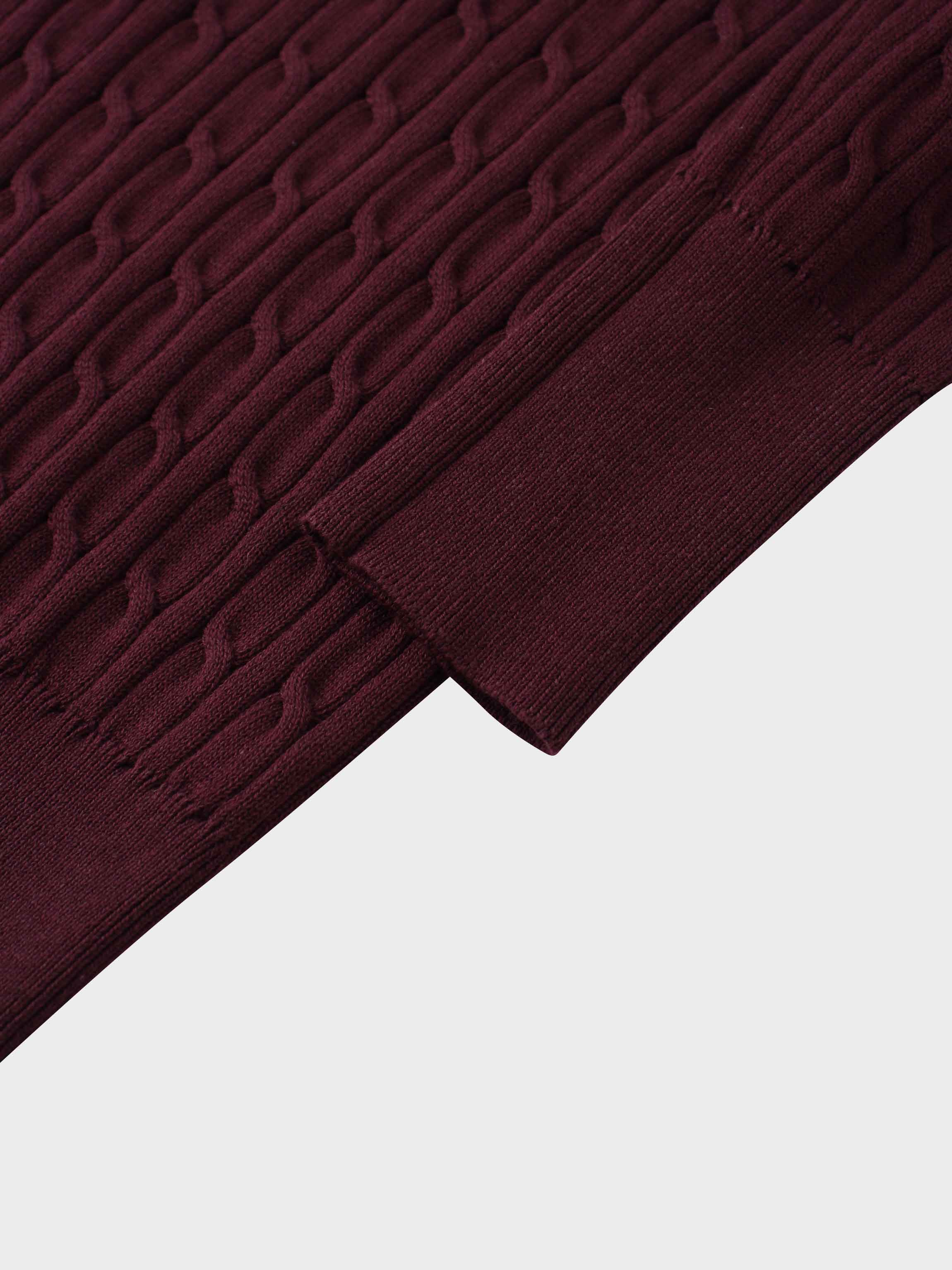 Leather Pull Half Zip Cable Polo-Burgundy