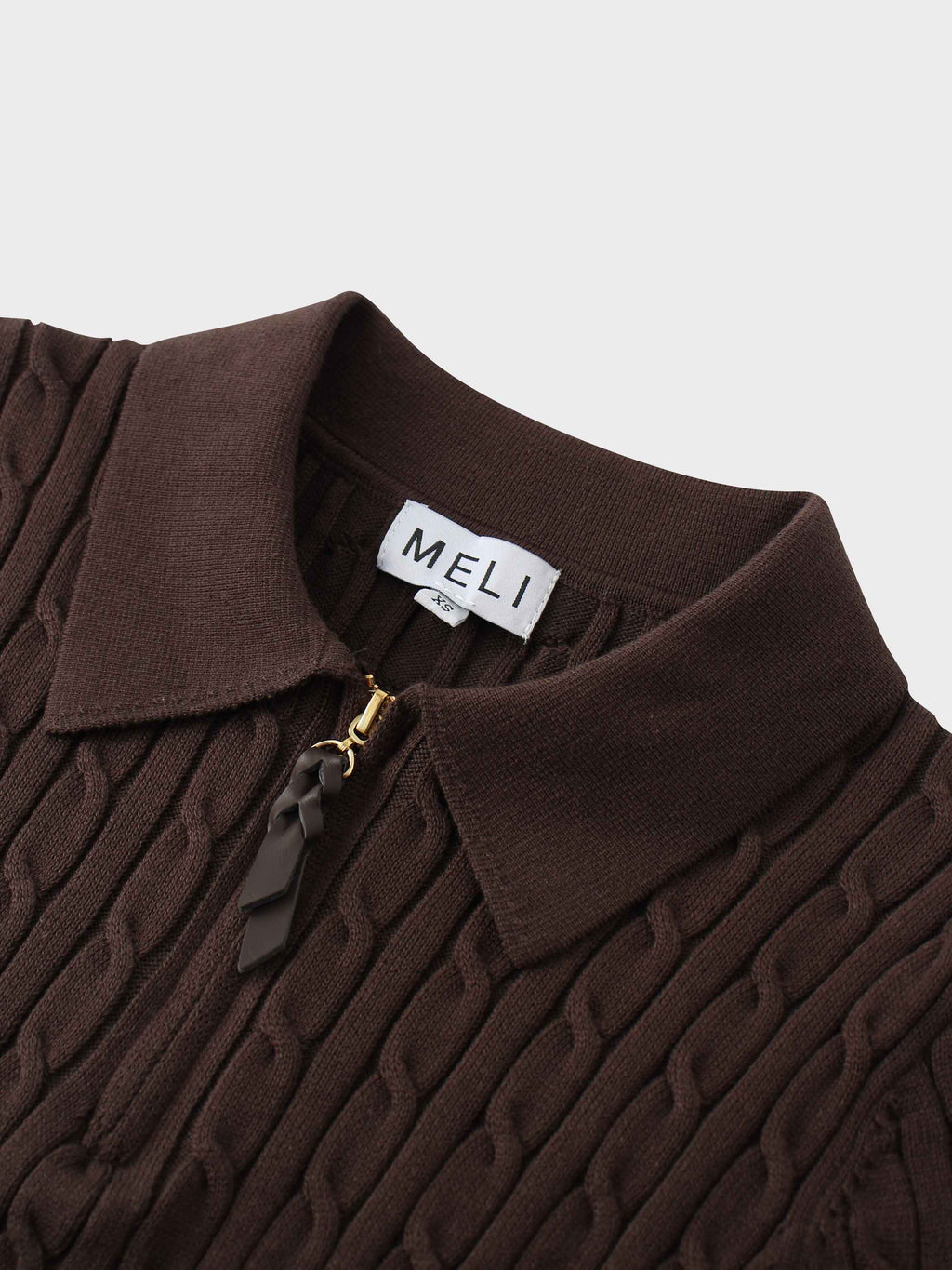 Leather Pull Half Zip Cable Polo-Brown