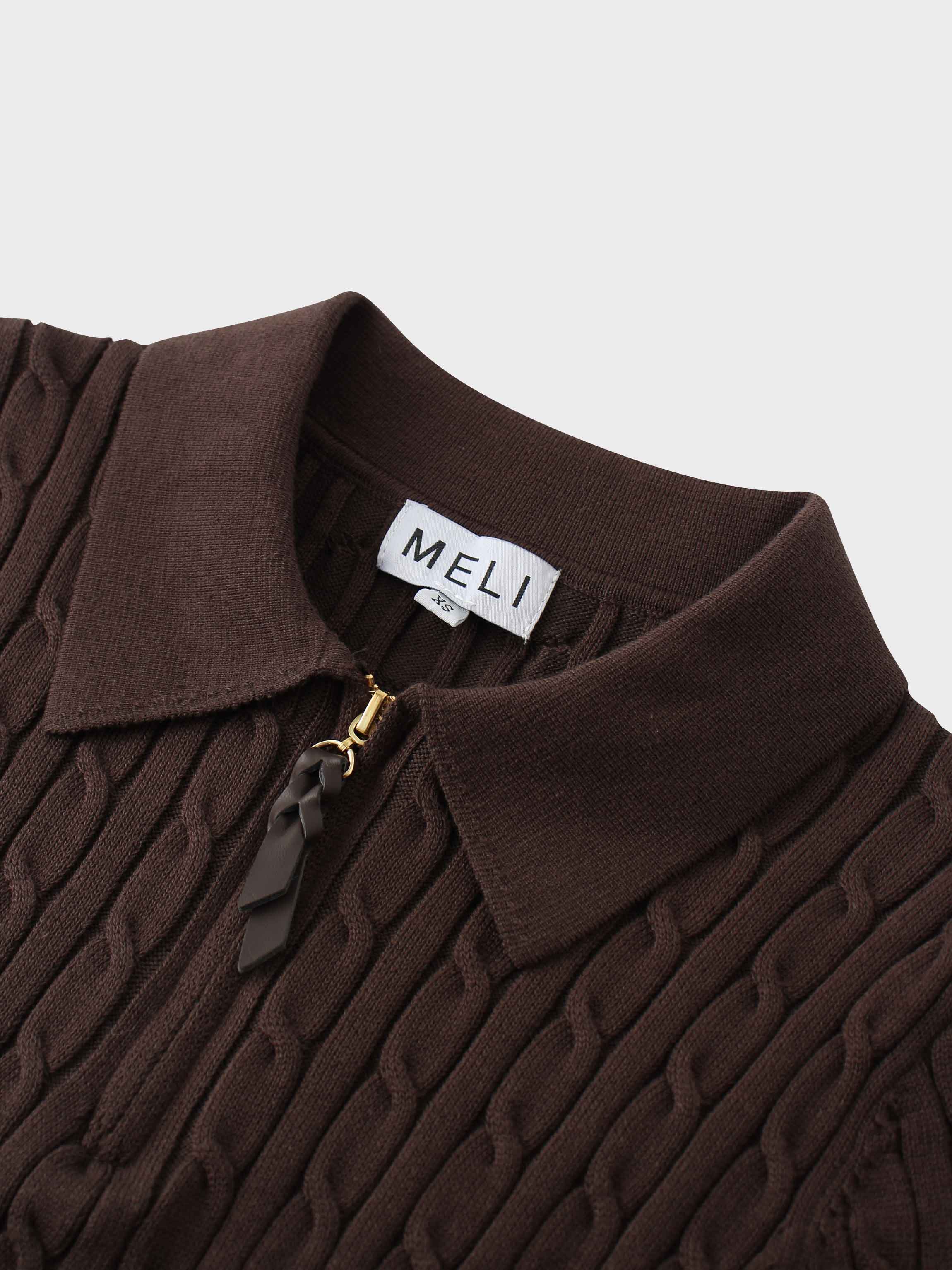 Leather Pull Half Zip Cable Polo-Brown