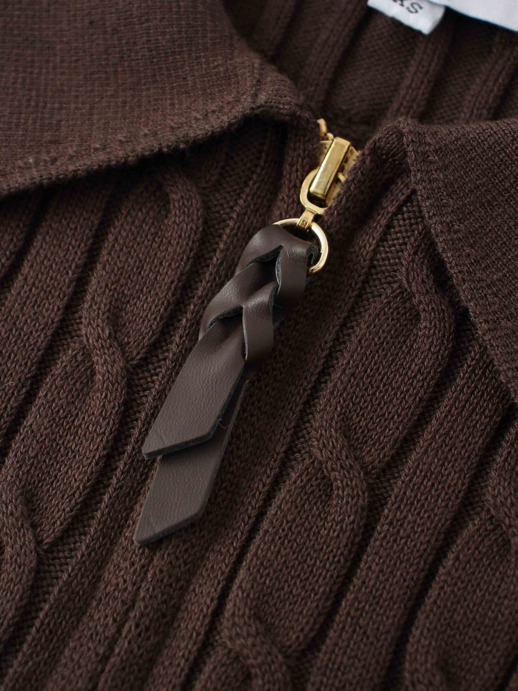 Leather Pull Half Zip Cable Polo-Brown