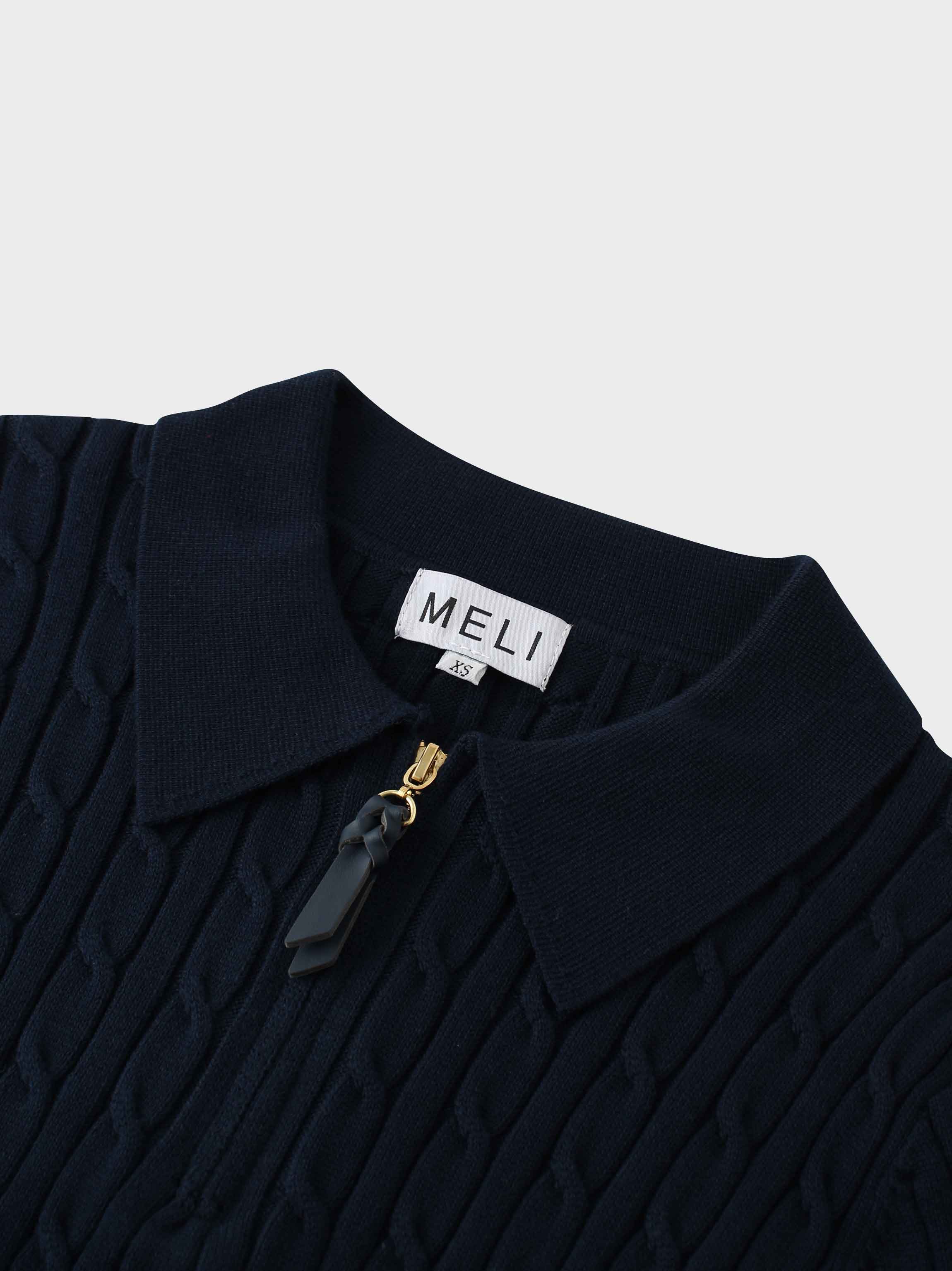 Leather Pull Half Zip Cable Polo-Navy