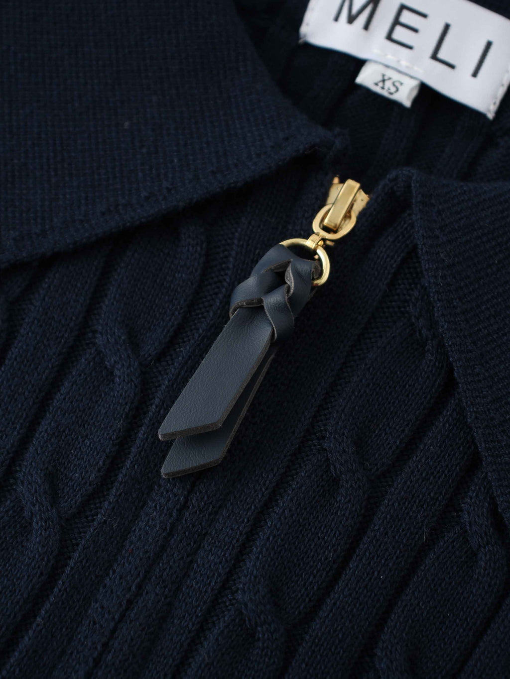 Leather Pull Half Zip Cable Polo-Navy