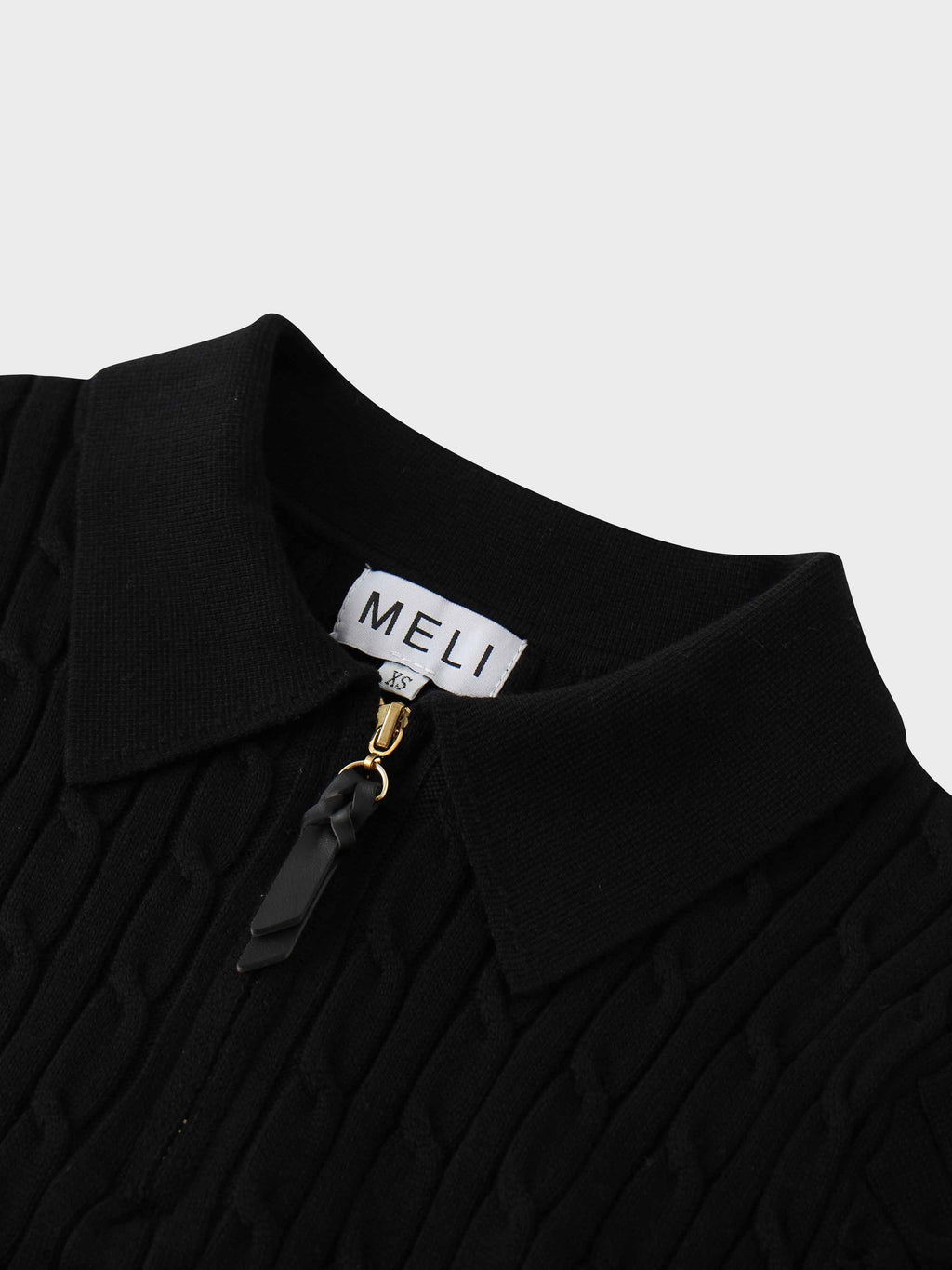 Leather Pull Half Zip Cable Polo-Black