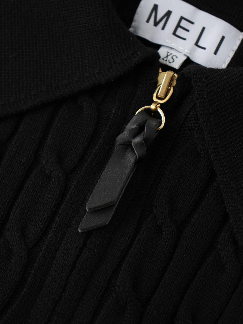 Leather Pull Half Zip Cable Polo-Black