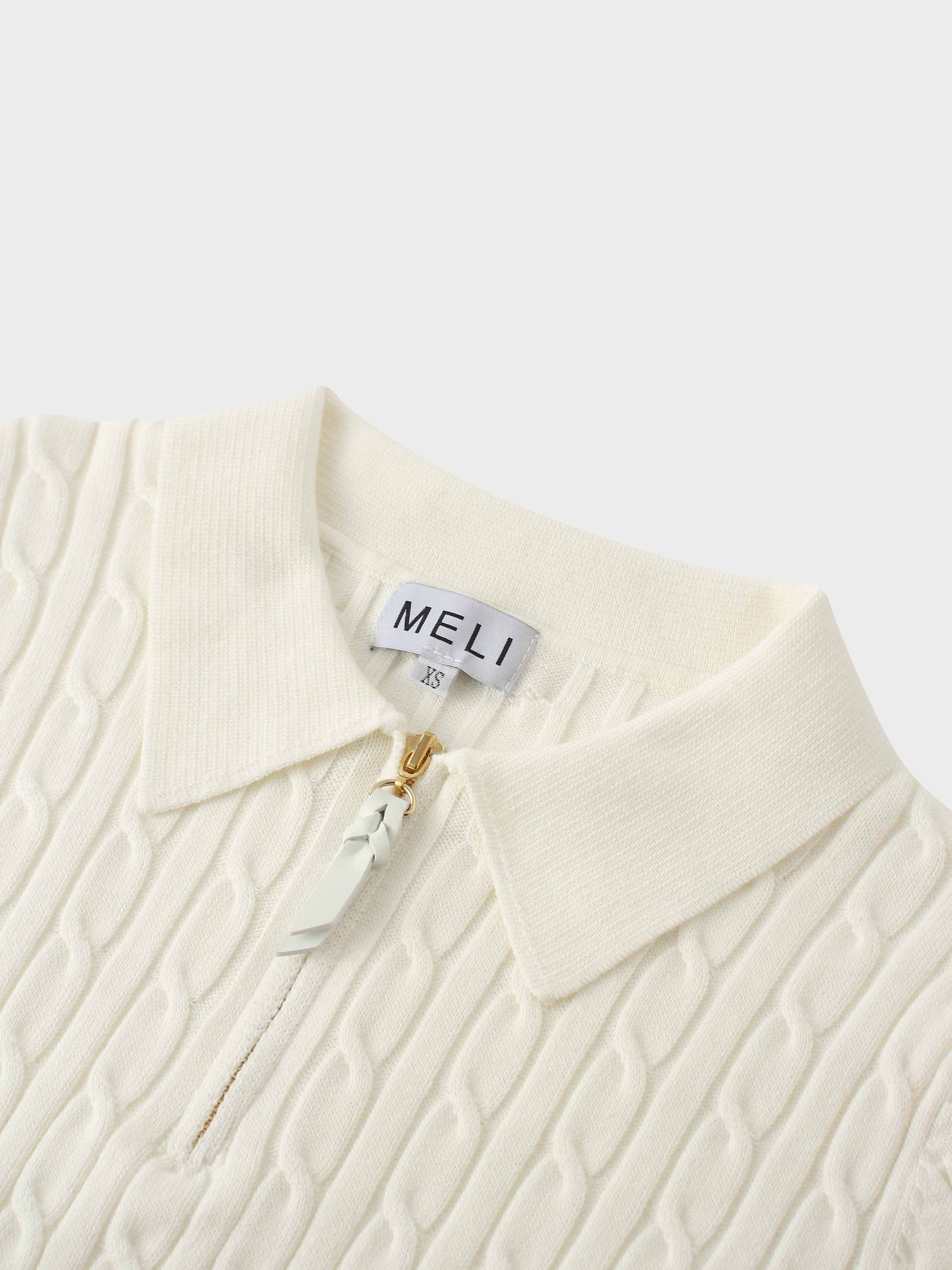 Leather Pull Half Zip Cable Polo-Ivory