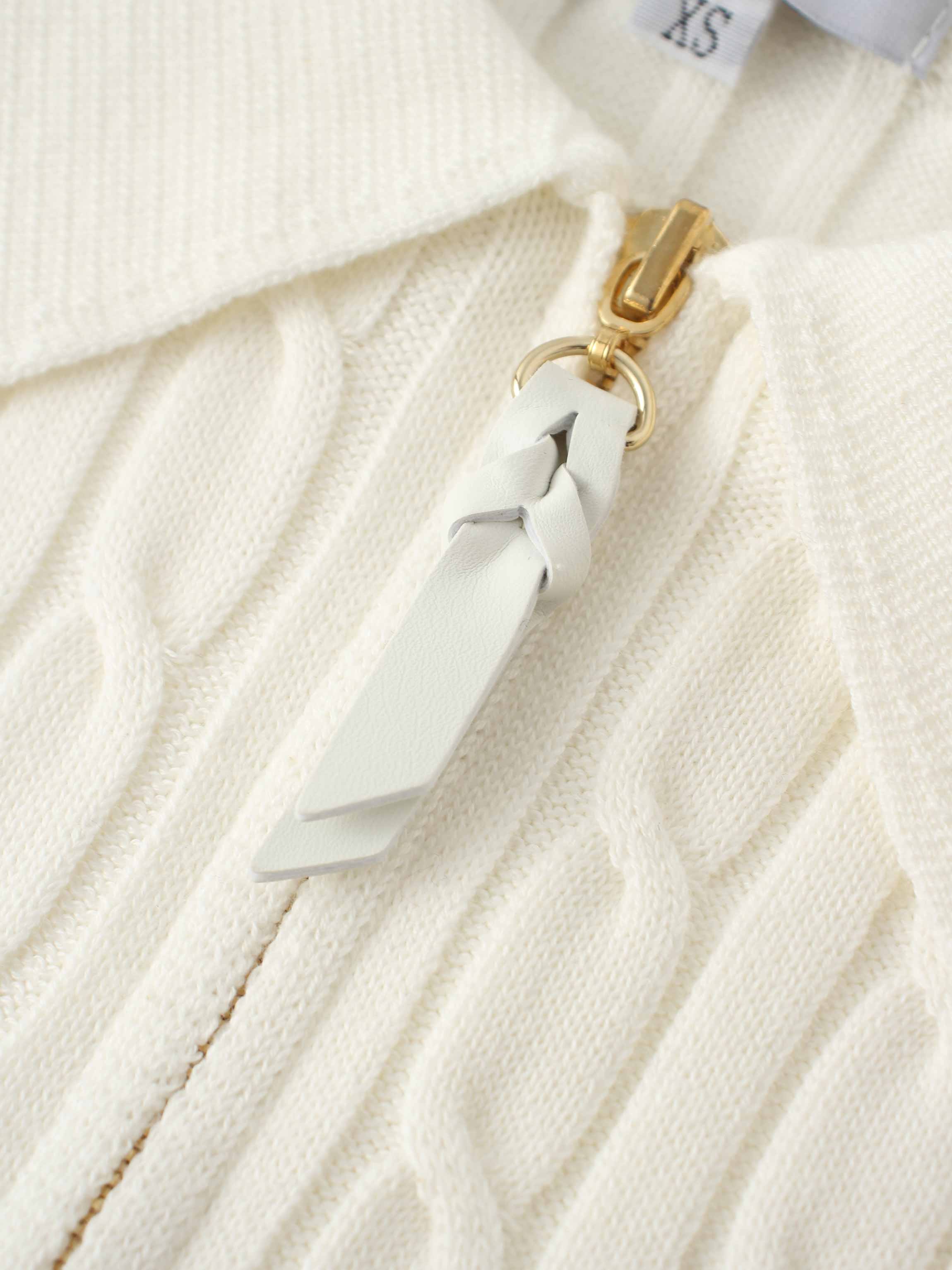 Leather Pull Half Zip Cable Polo-Ivory