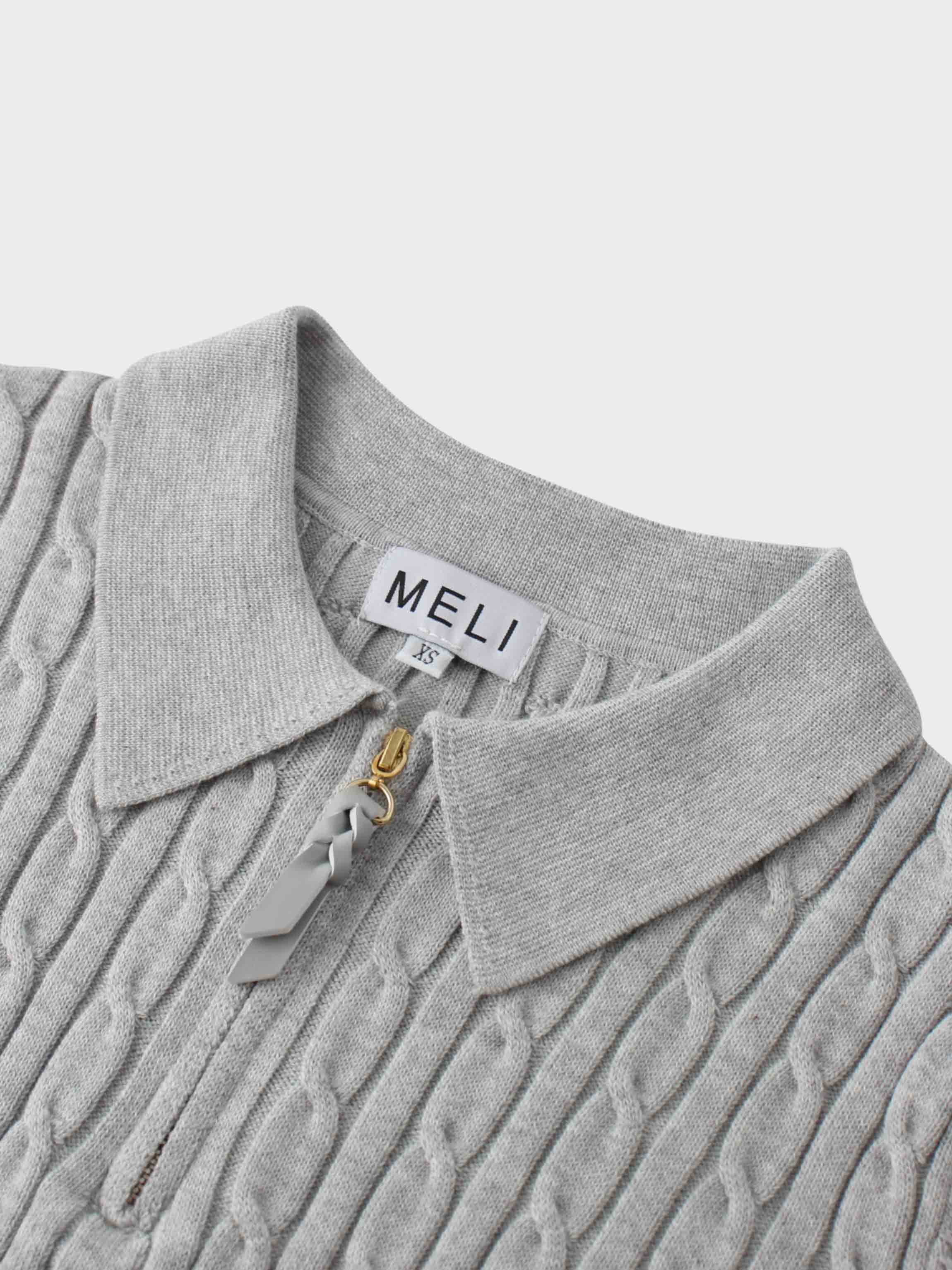 Leather Pull Half Zip Cable Polo-Heathered Grey