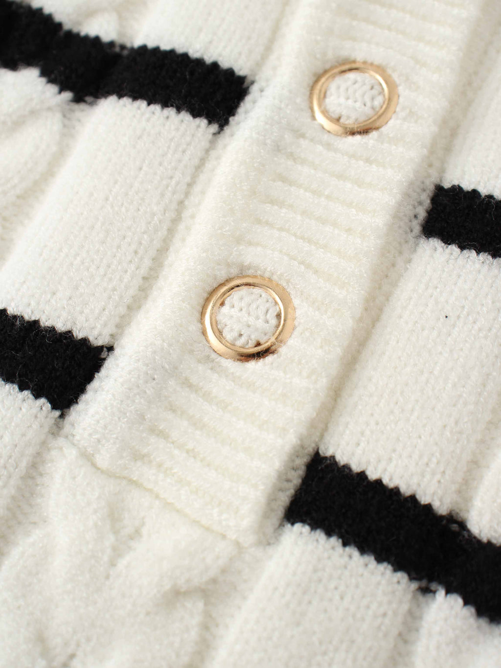 Shawl Snap Collar Striped Cable Sweater-Cream/Black