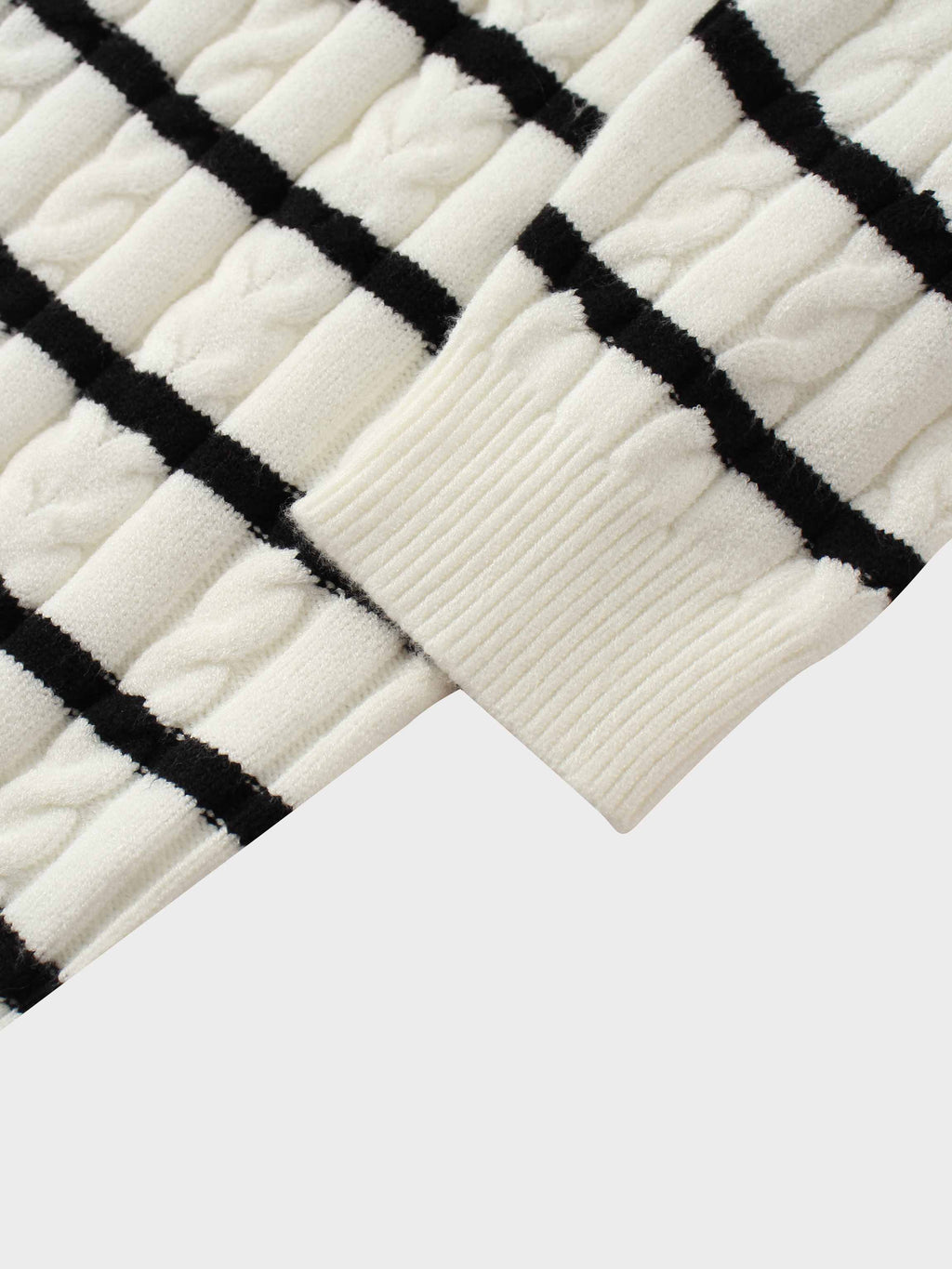 Shawl Snap Collar Striped Cable Sweater-Cream/Black