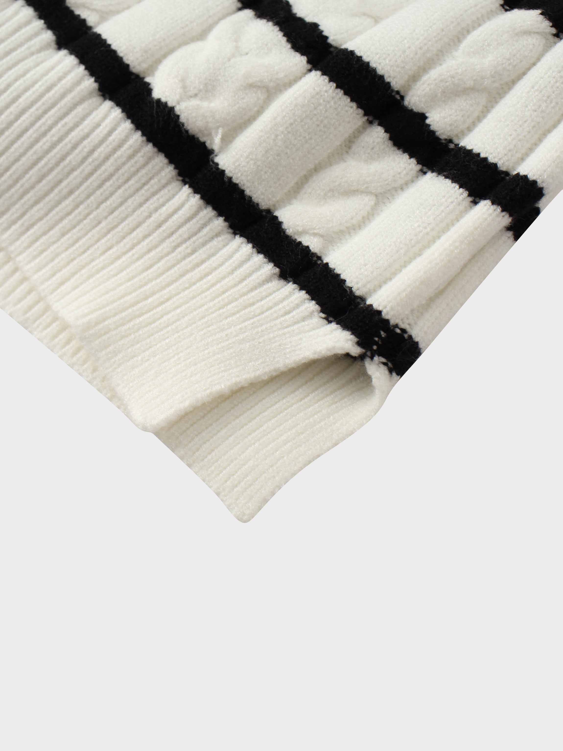Shawl Snap Collar Striped Cable Sweater-Cream/Black
